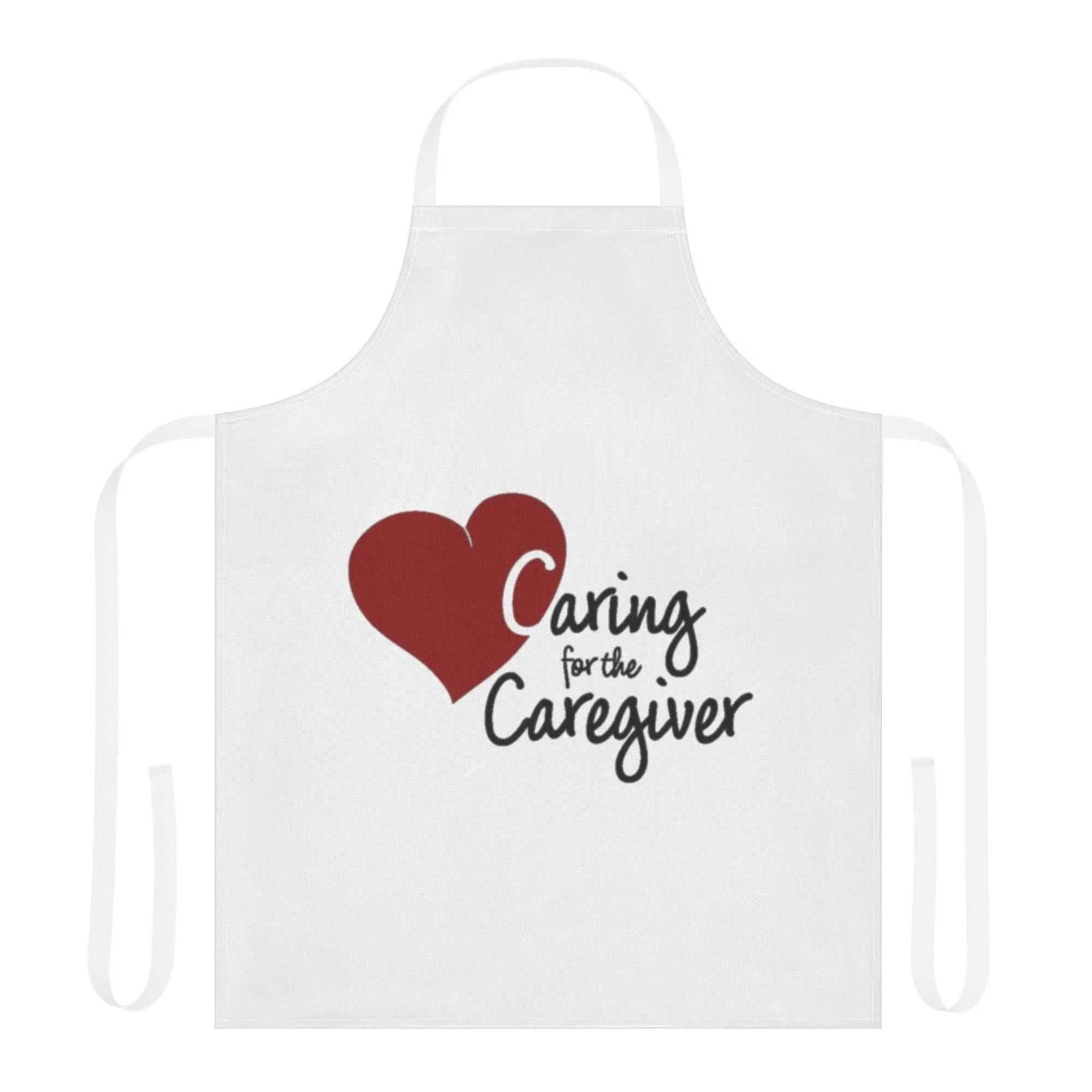 White Caregiver Apron with a red heart graphic and the text Caring for the Caregiver