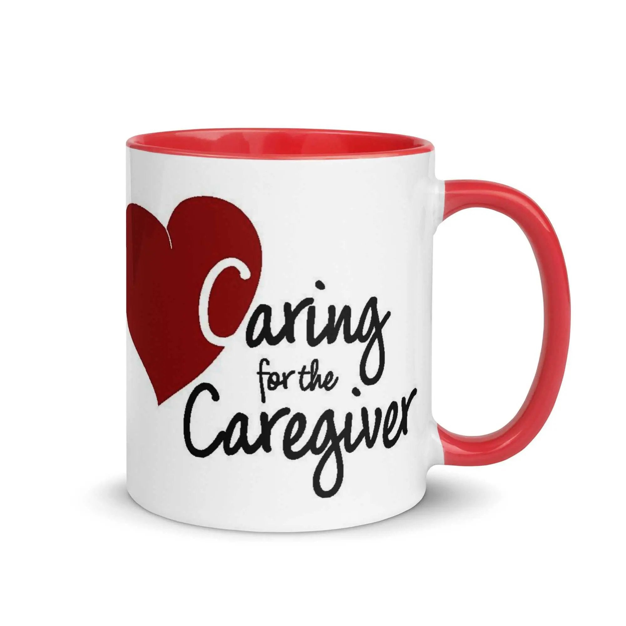 White ceramic mug with red handle and rim featuring a red heart and the text Caring for the Caregiver