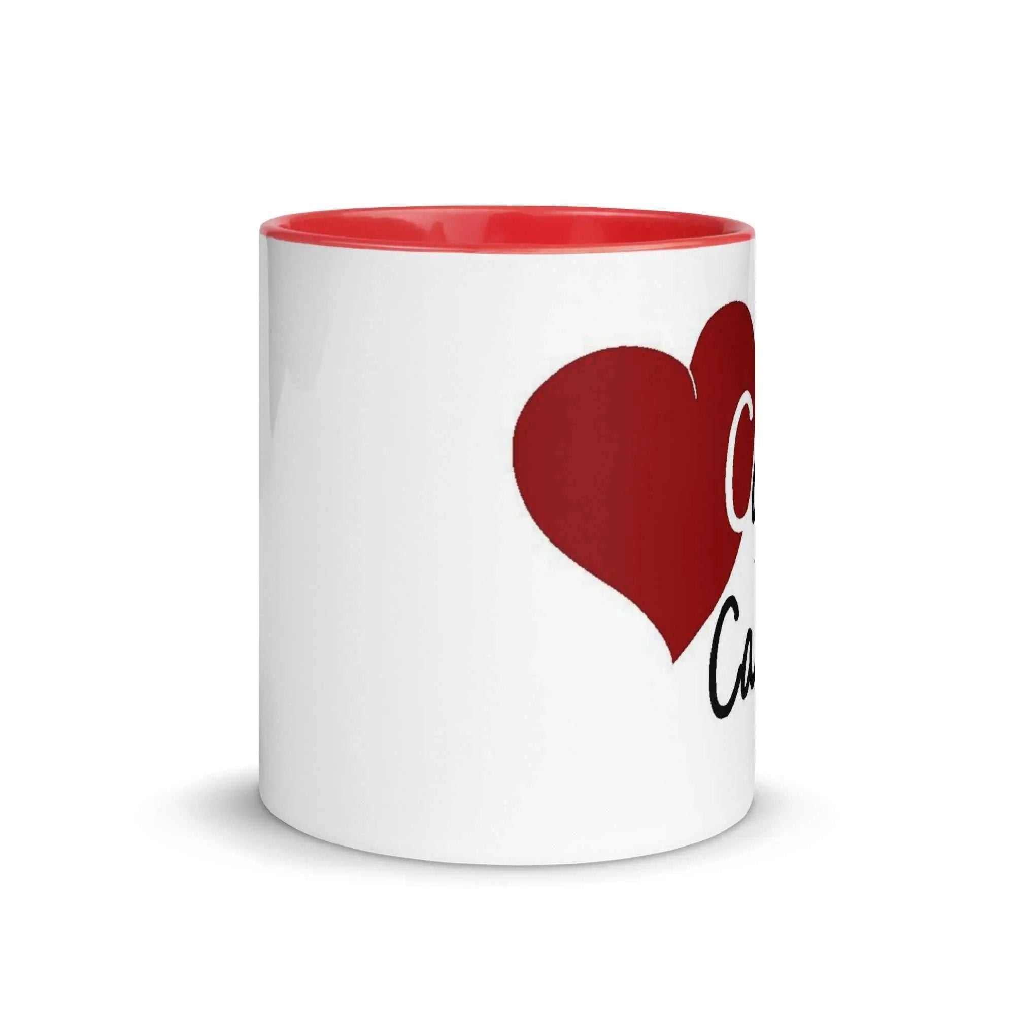 Caring for the Caregiver ceramic mug with red interior and heart graphic