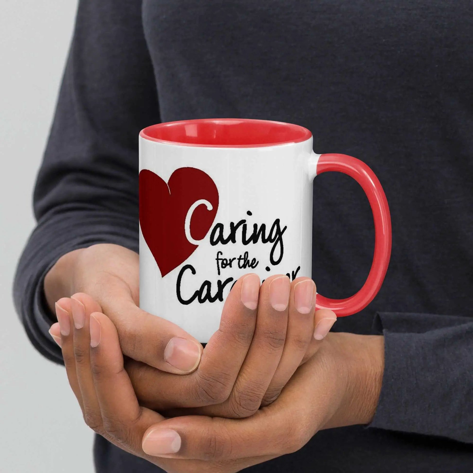 Ceramic mug for caregivers with caring for the caregiver message and colorful interior, from Greg's AZ Store.