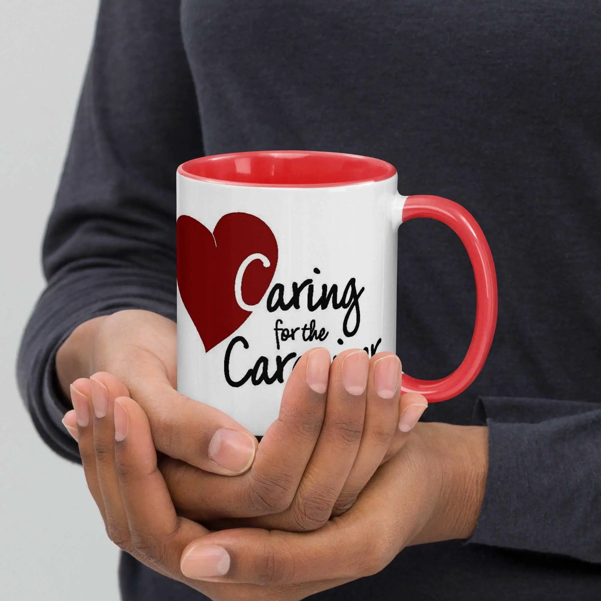 Ceramic mug for caregivers with caring for the caregiver message and colorful interior, from Greg's AZ Store.