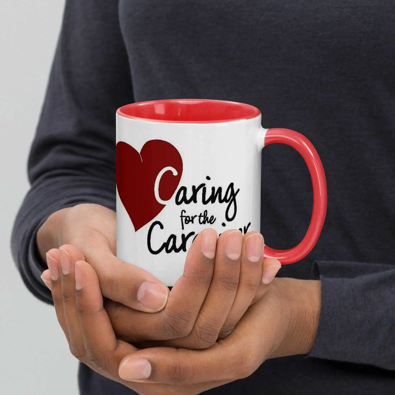 Ceramic mug for caregivers with caring for the caregiver message and colorful interior, from Greg's AZ Store.