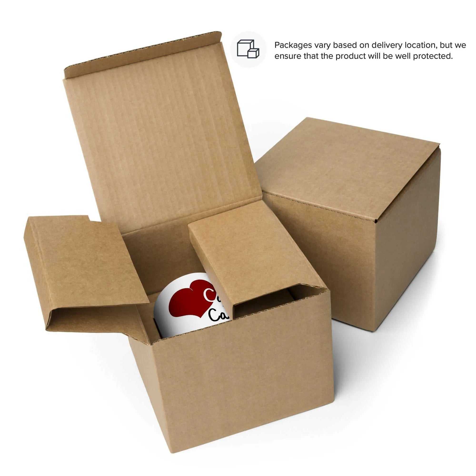 Caring for the Caregiver Ceramic Mug inside a brown cardboard shipping box