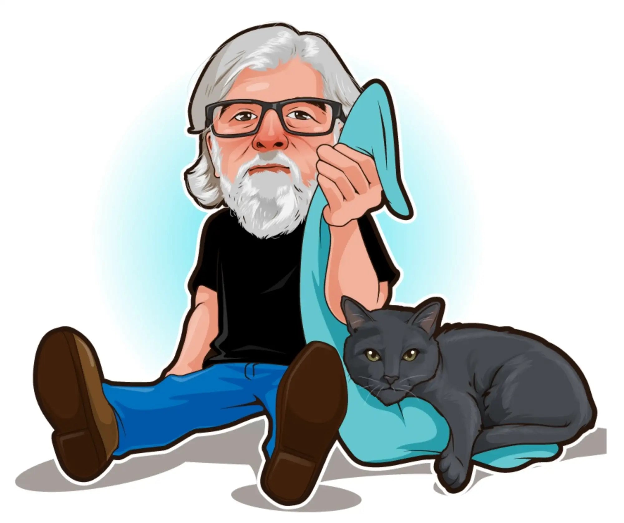 Cartoon of a man sitting with a cat on a blue blanket
