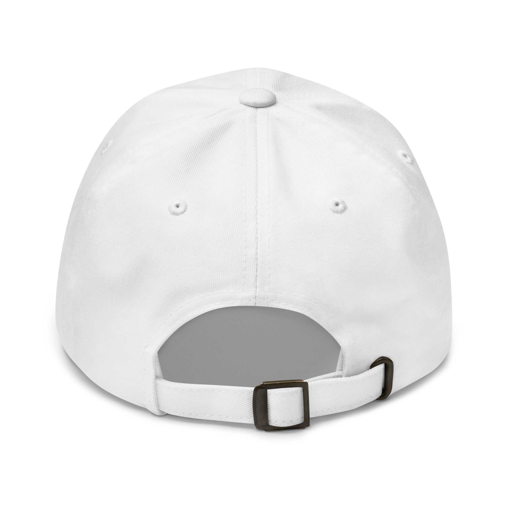 Back view of white Alzheimer’s awareness dad hat with adjustable metal buckle strap
