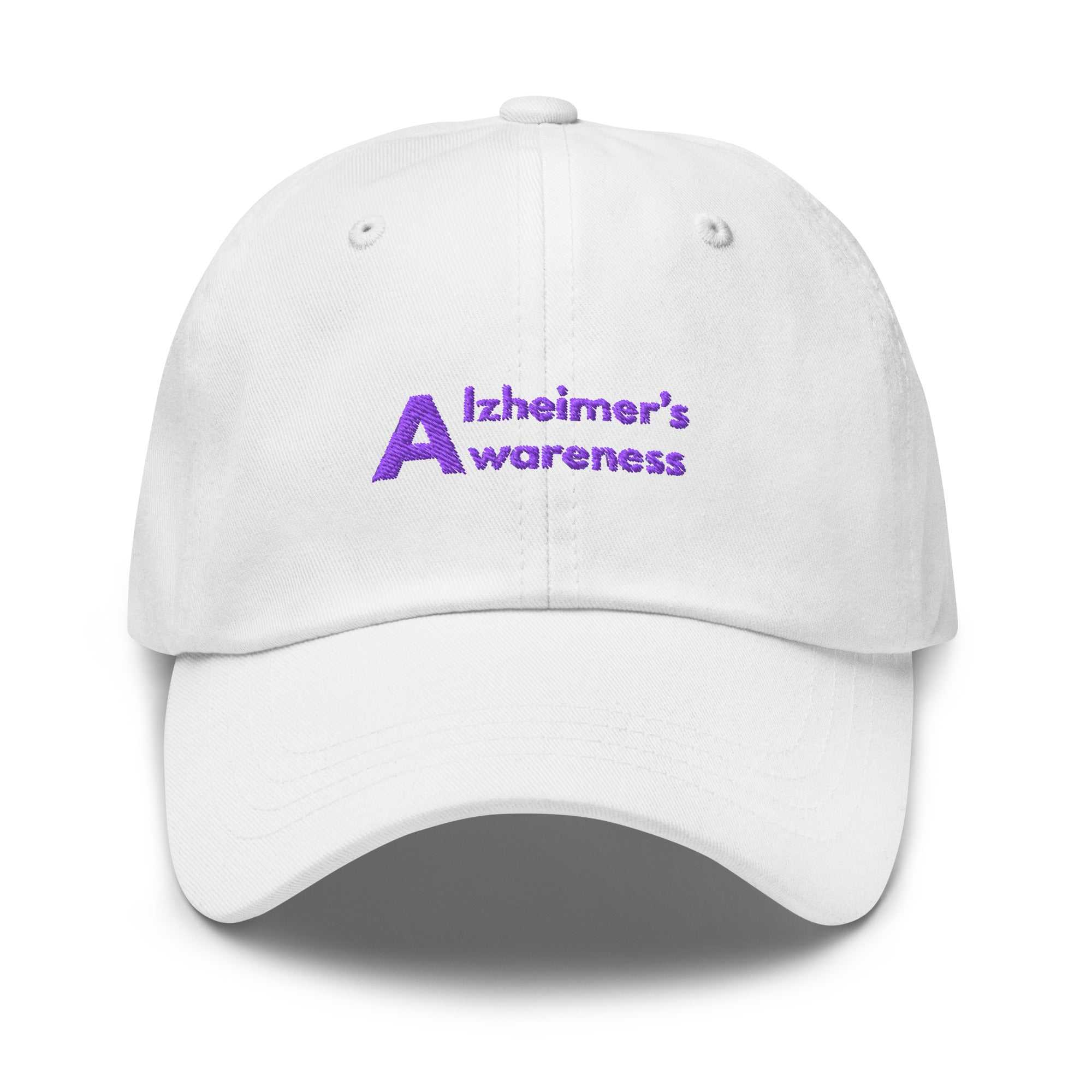 White dad hat with purple embroidered Alzheimer's Awareness text