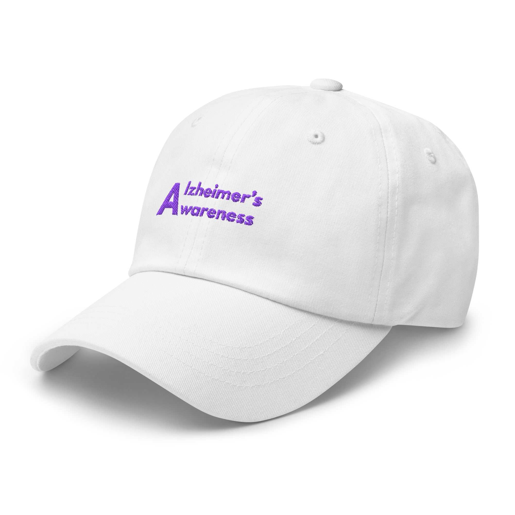 White dad hat with purple embroidered Alzheimer's Awareness text