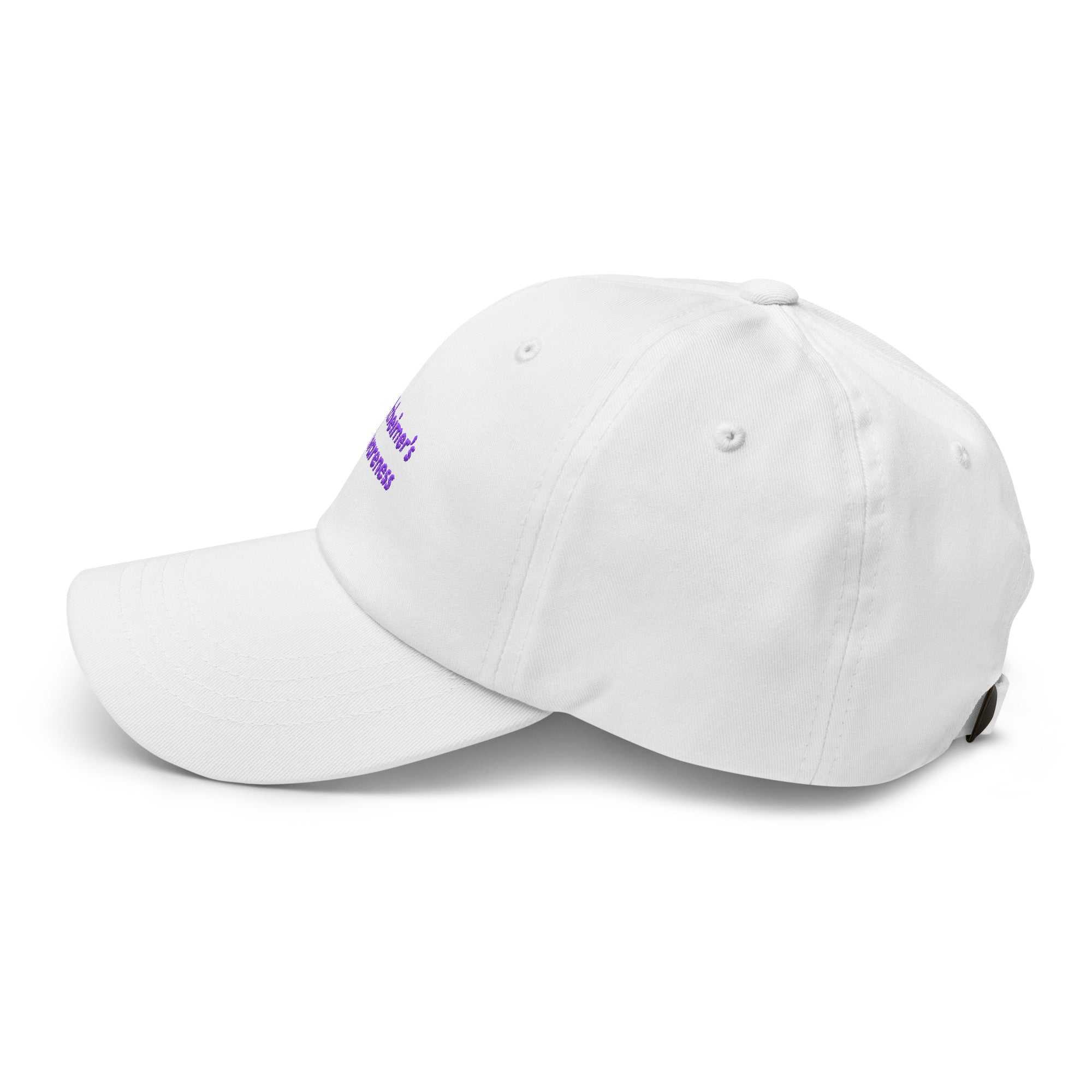 White Alzheimer’s Awareness dad hat with purple embroidery viewed from the side