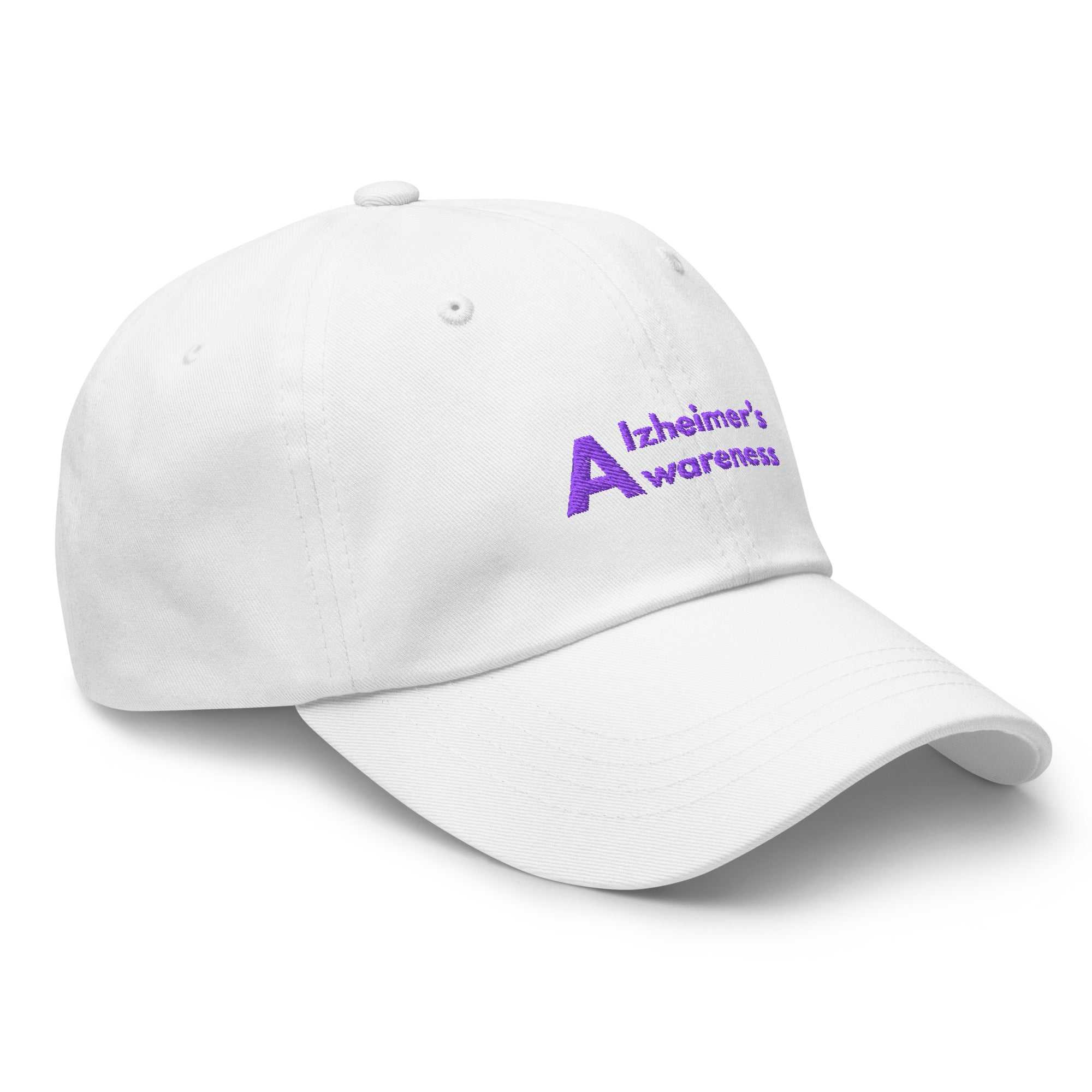 White dad hat with purple embroidered Alzheimer awareness text