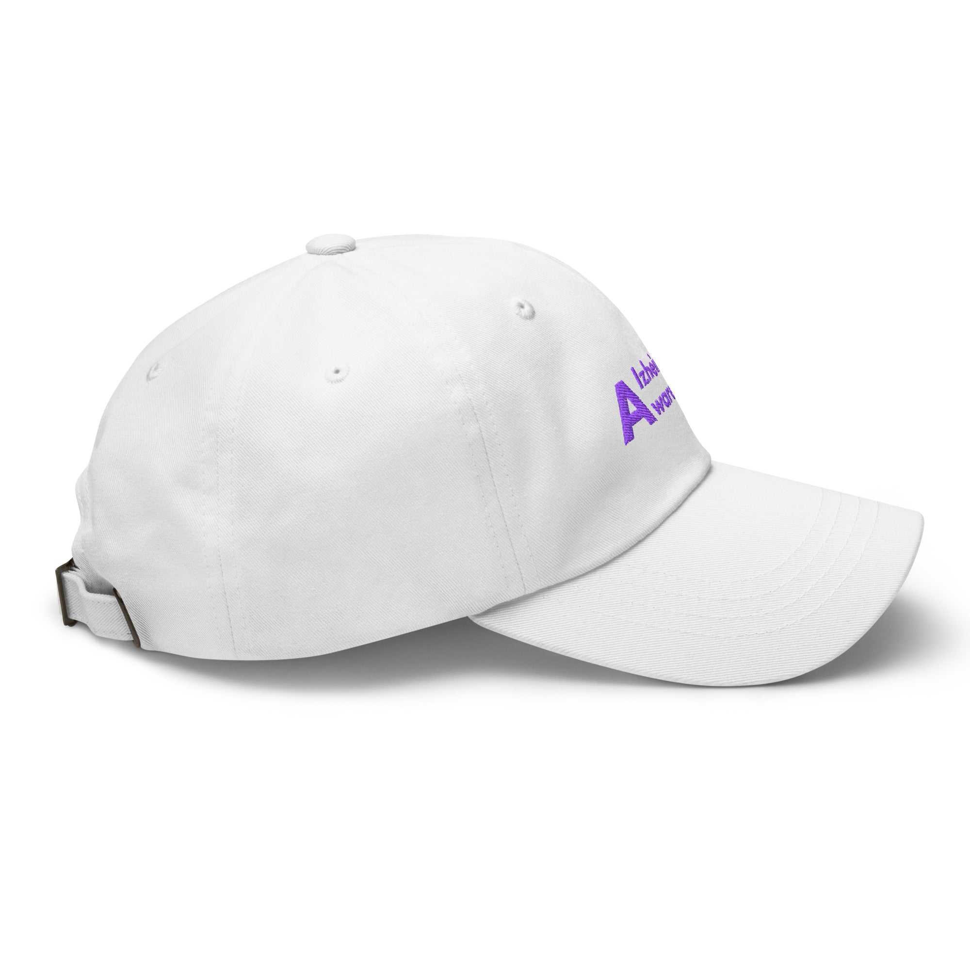 White dad hat with purple embroidered Alzheimer awareness text