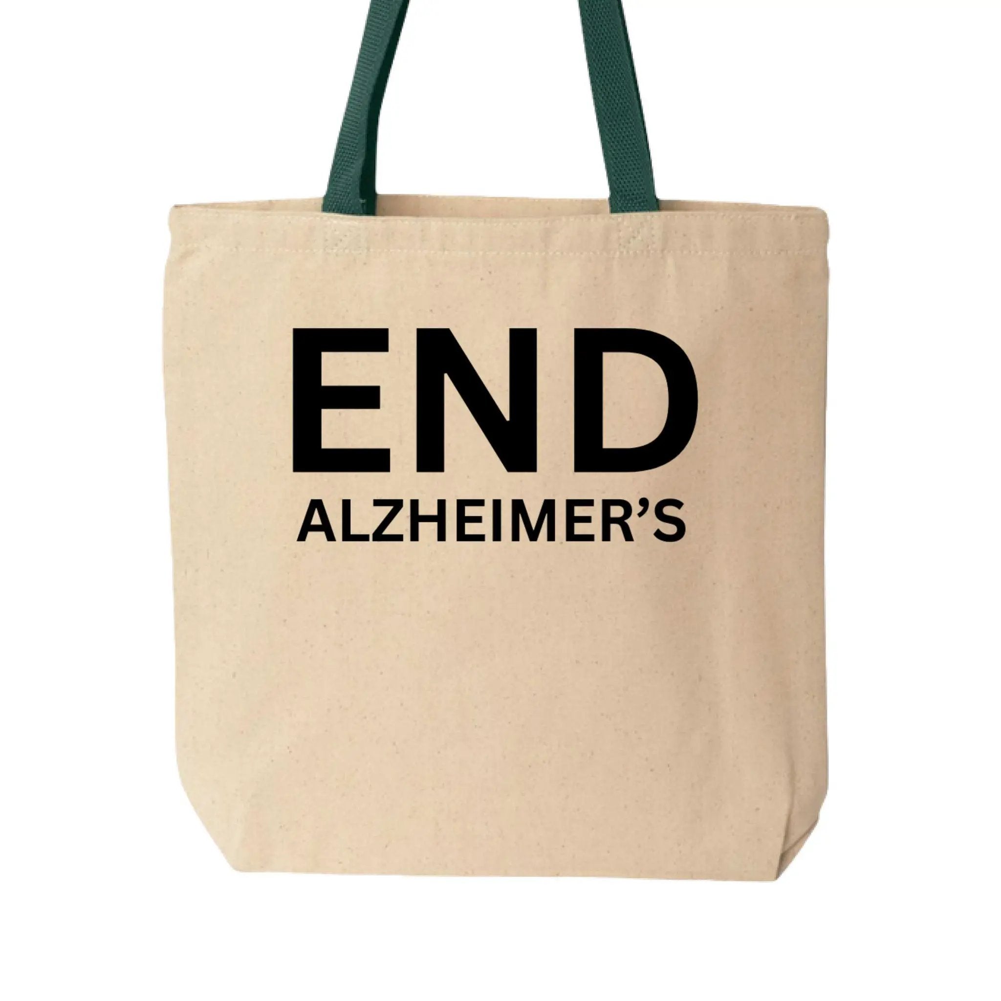 Cotton canvas tote bag with Alzheimer's Awareness logo in natural forest colors, spacious one-size design by Greg's AZ Store.