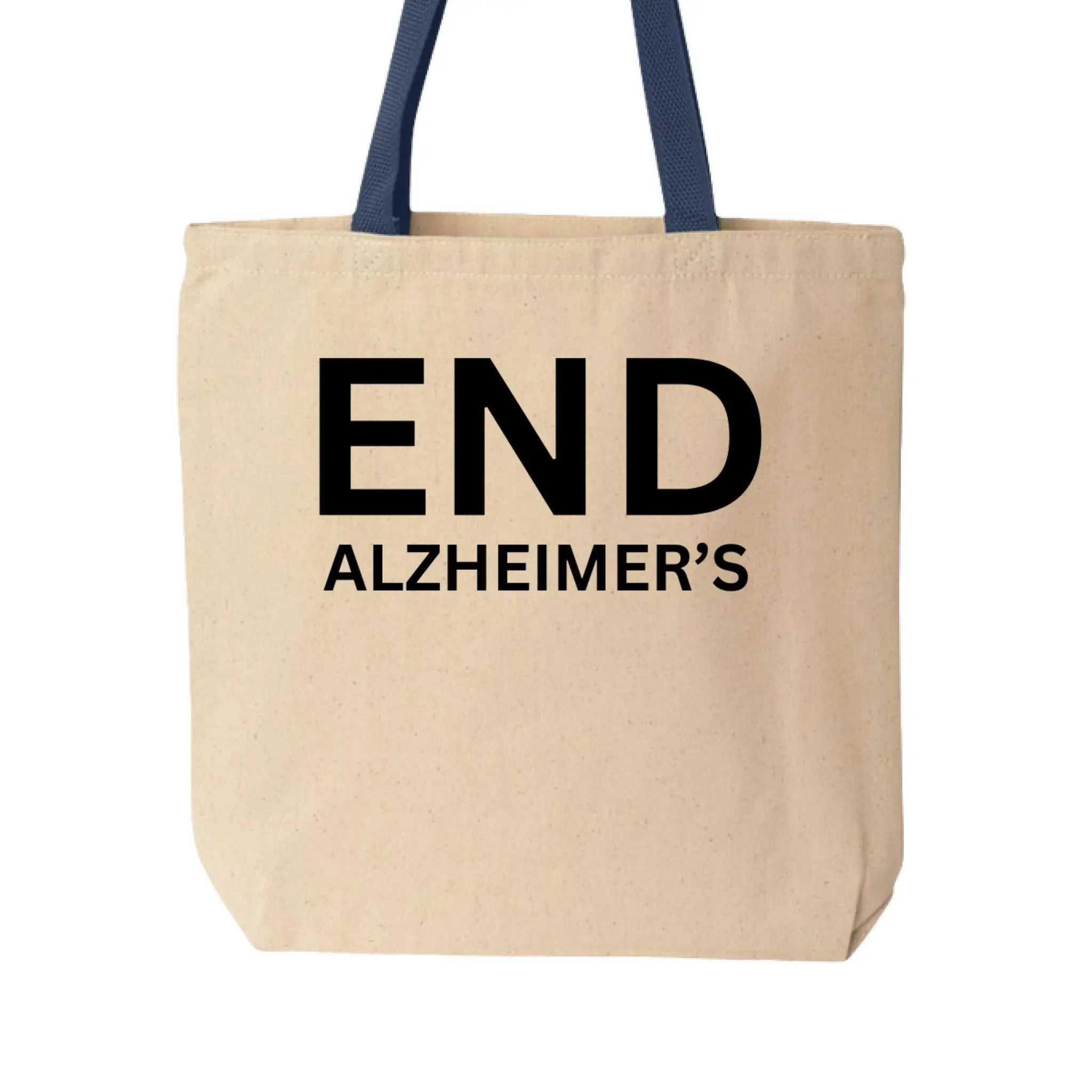 Cotton canvas tote bag with navy handles and End Alzheimer's text printed in black