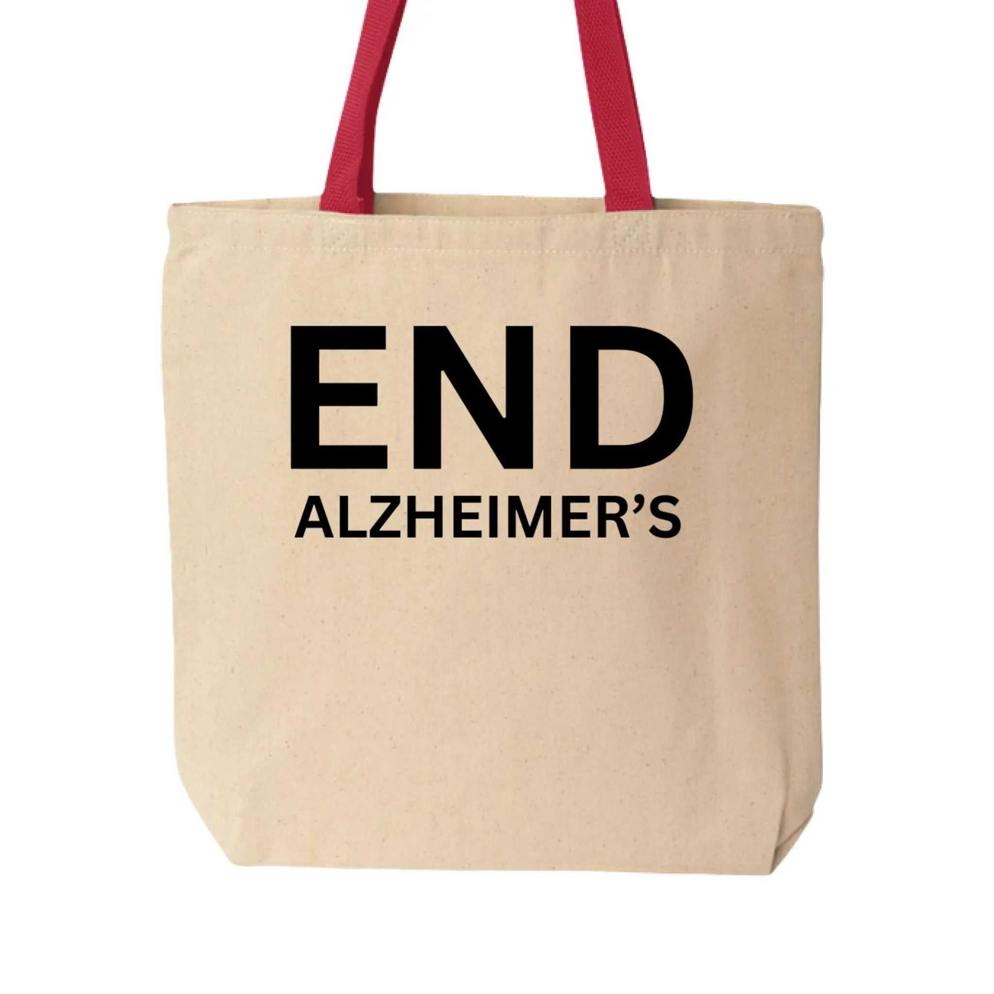 Cotton canvas tote bag with red handles and black text reading END ALZHEIMER S