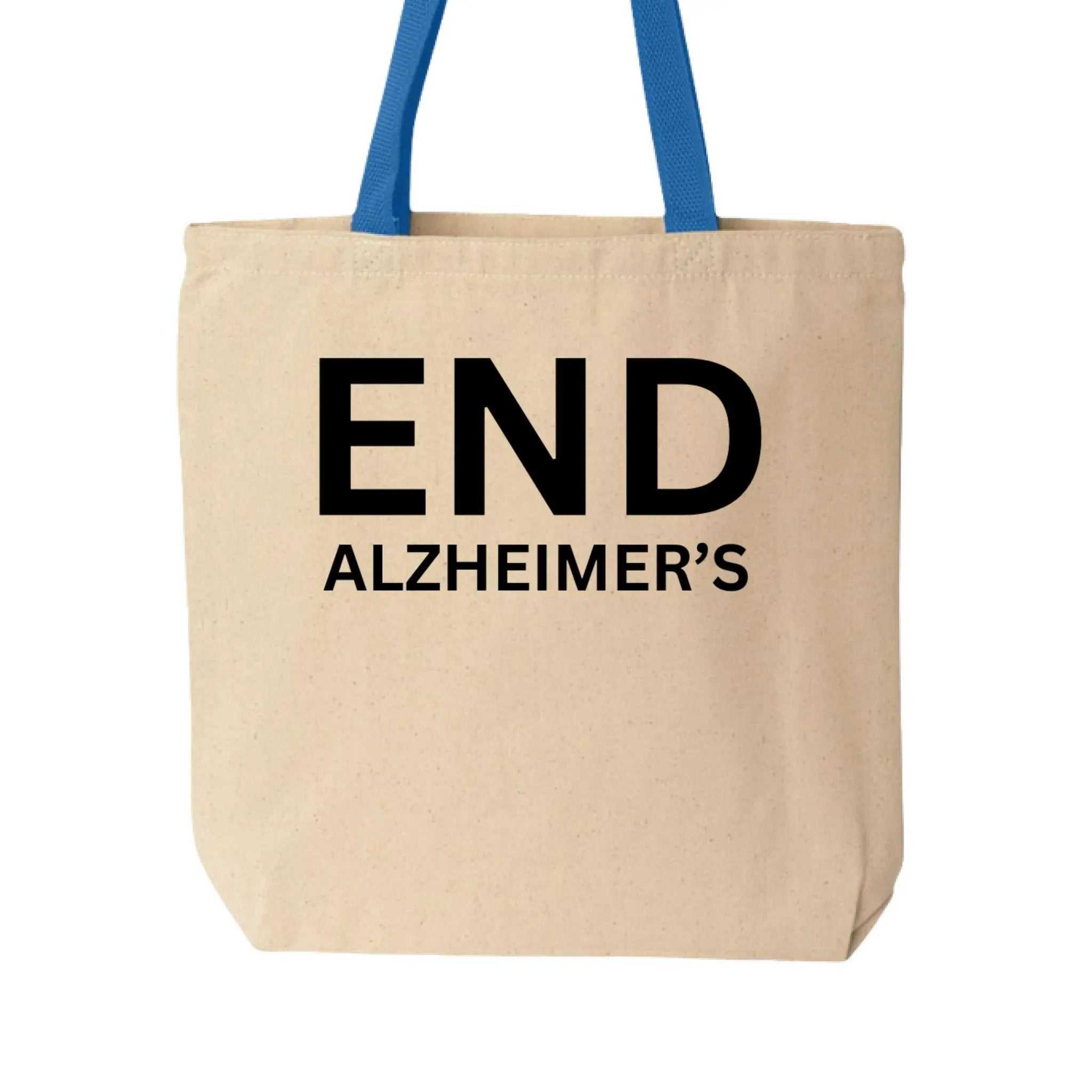 Cotton canvas tote bag with blue handles and black text reading END ALZHEIMER'S