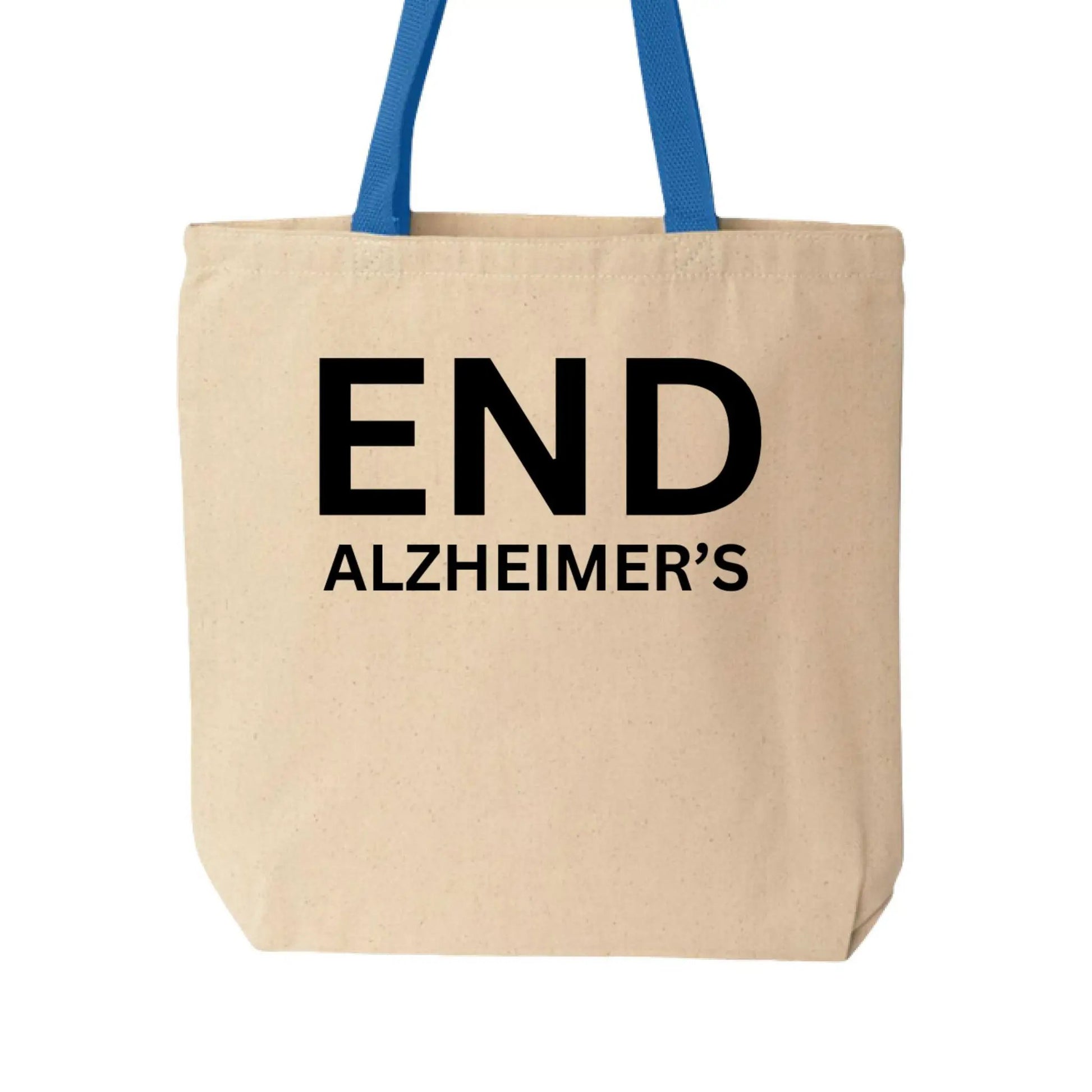 Cotton canvas tote bag with Alzheimer's Awareness design in natural and royal colors, from Greg's AZ Store.