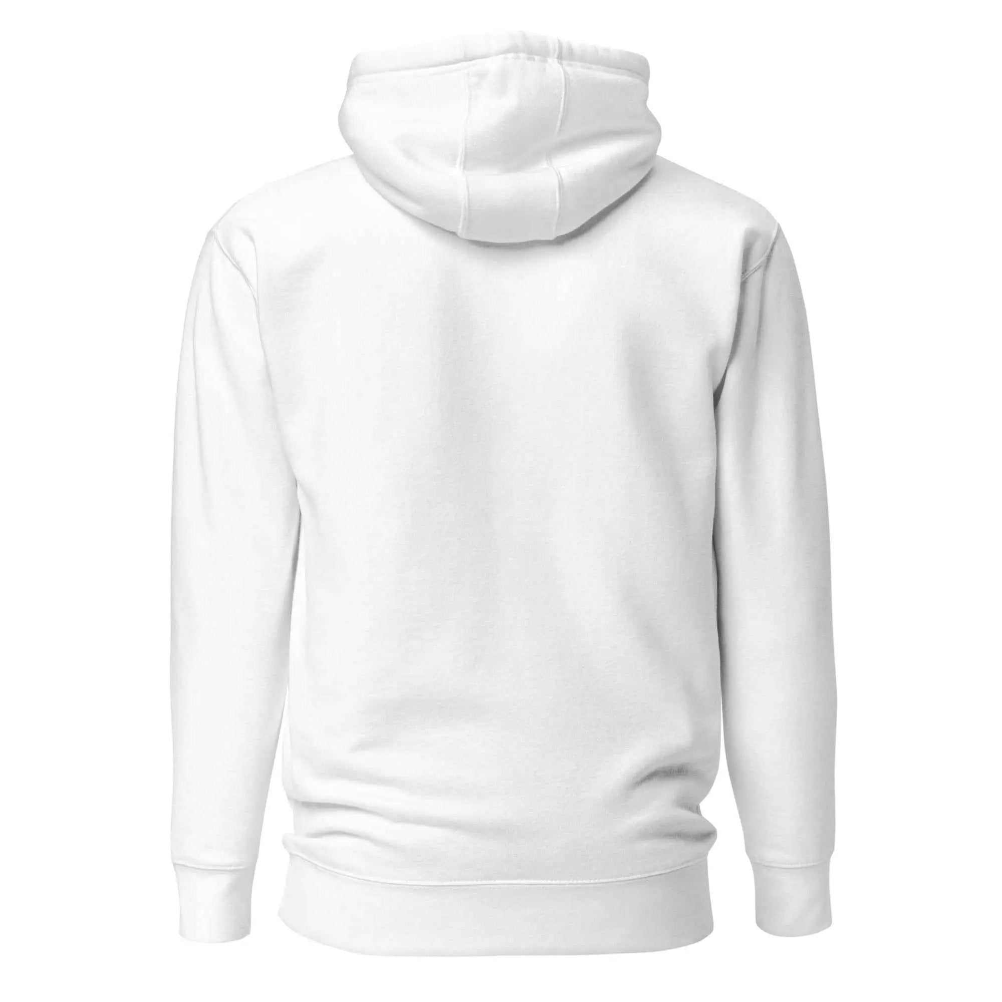 Back view of a plain white When the Brain Forgets the Heart Remembers unisex cotton hoodie