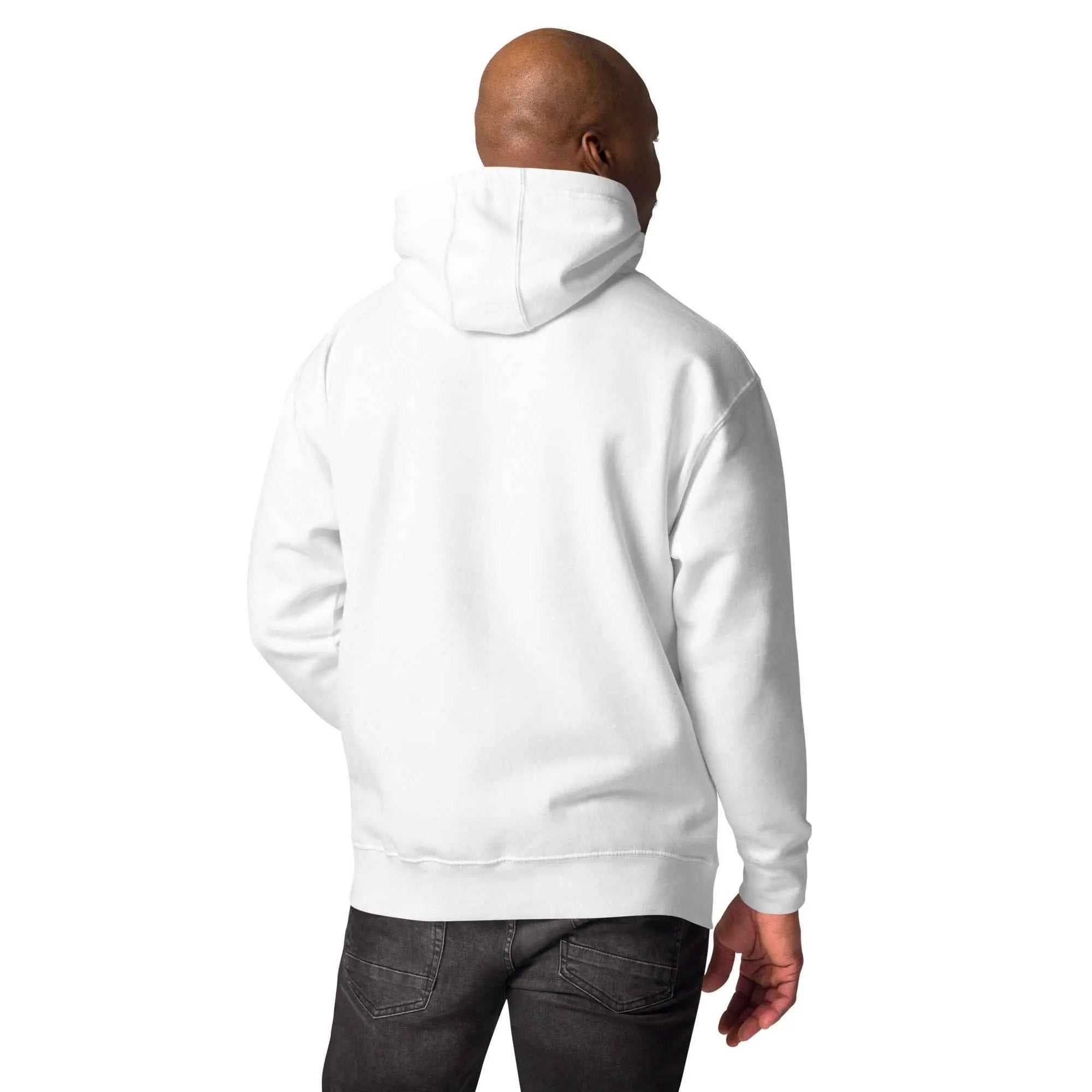 White unisex cotton hoodie with "When the Brain Forgets, the Heart Remembers" print, featuring a back design, by Greg's AZ Store.