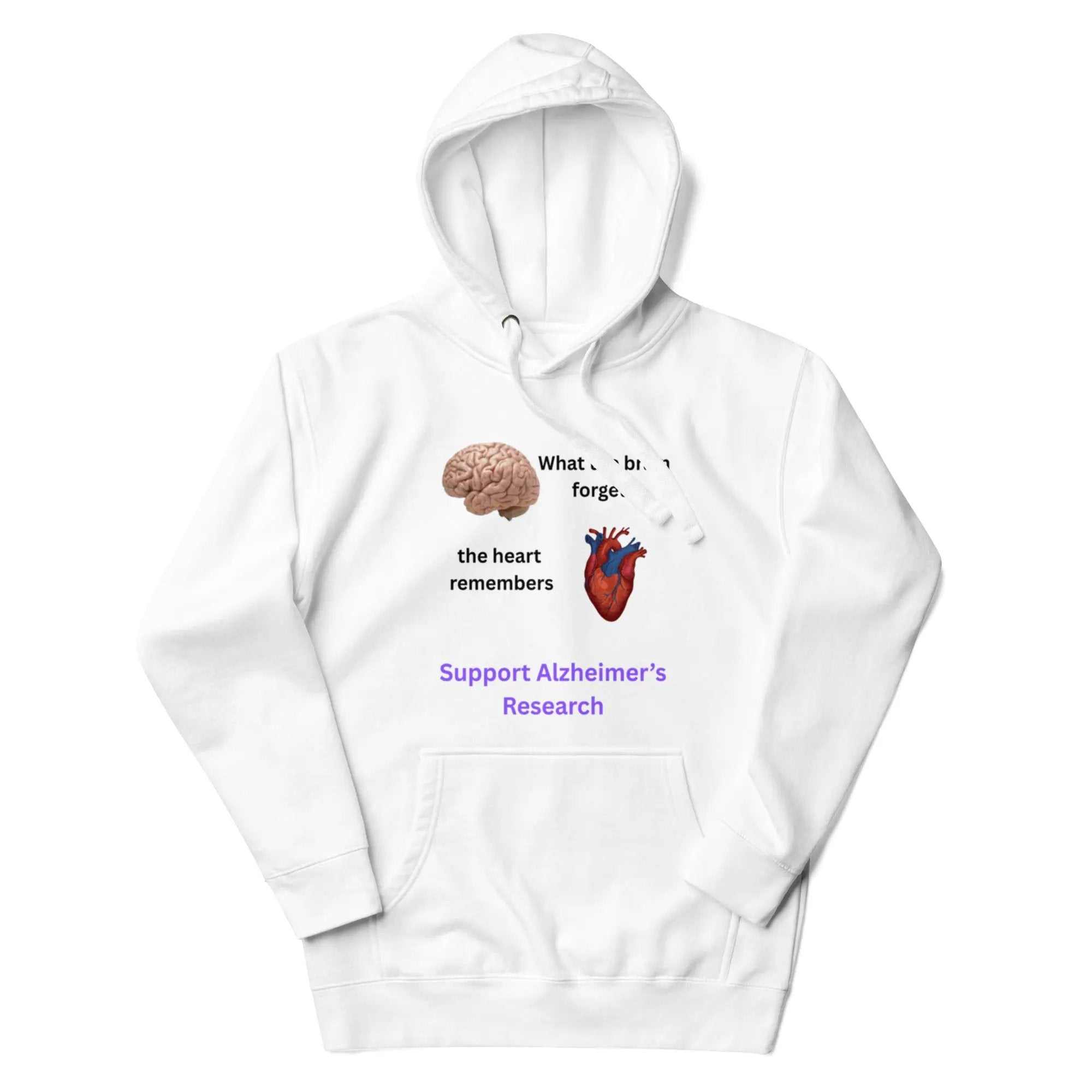 White hoodie with brain and heart graphics and text about Alzheimer research