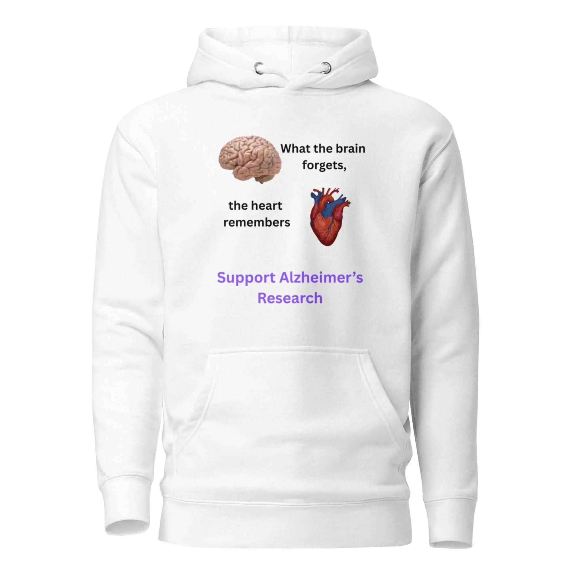 White hoodie with brain and heart graphics and text reading What the brain forgets the heart remembers