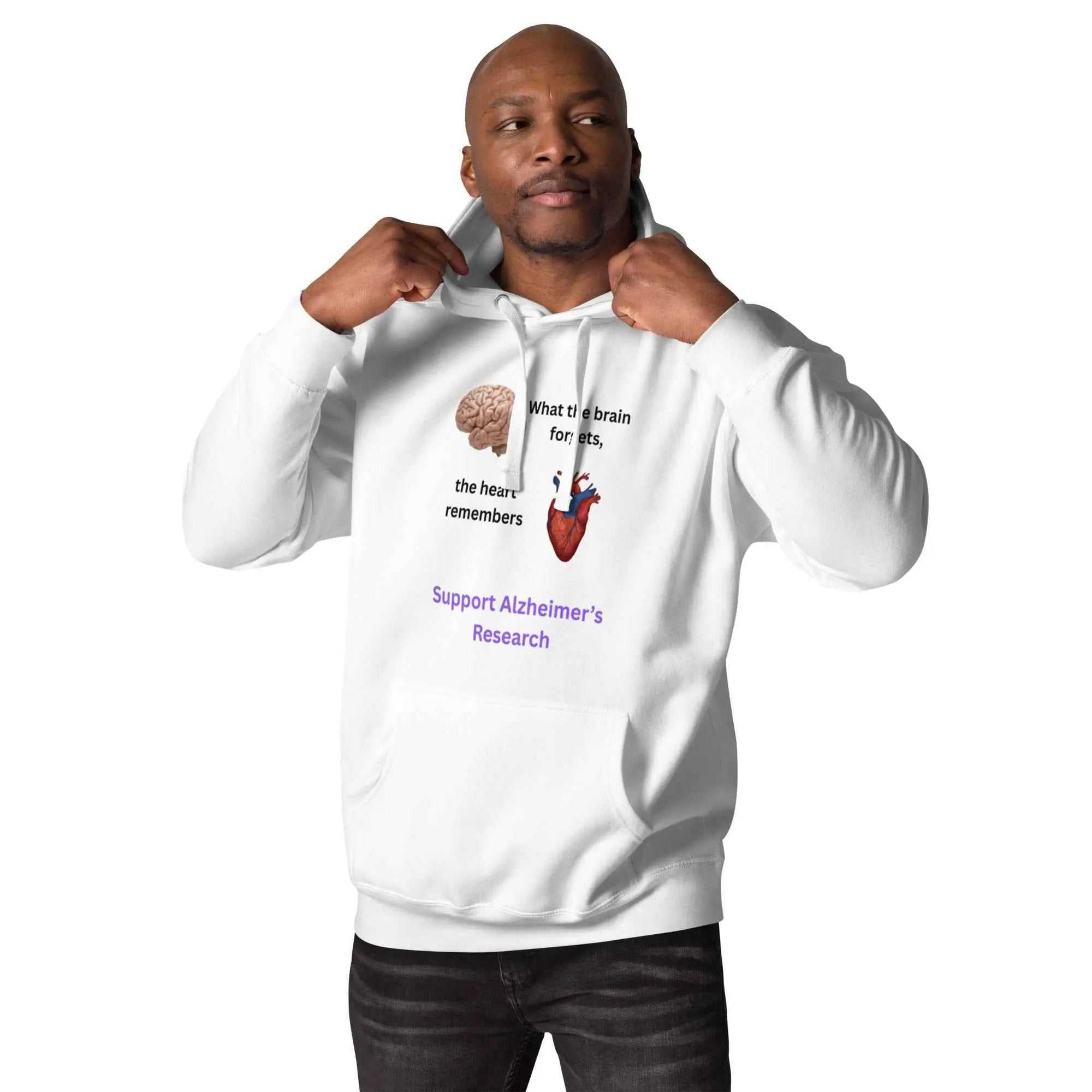 Man wearing white hoodie with brain and heart graphic and text about Alzheimer's research