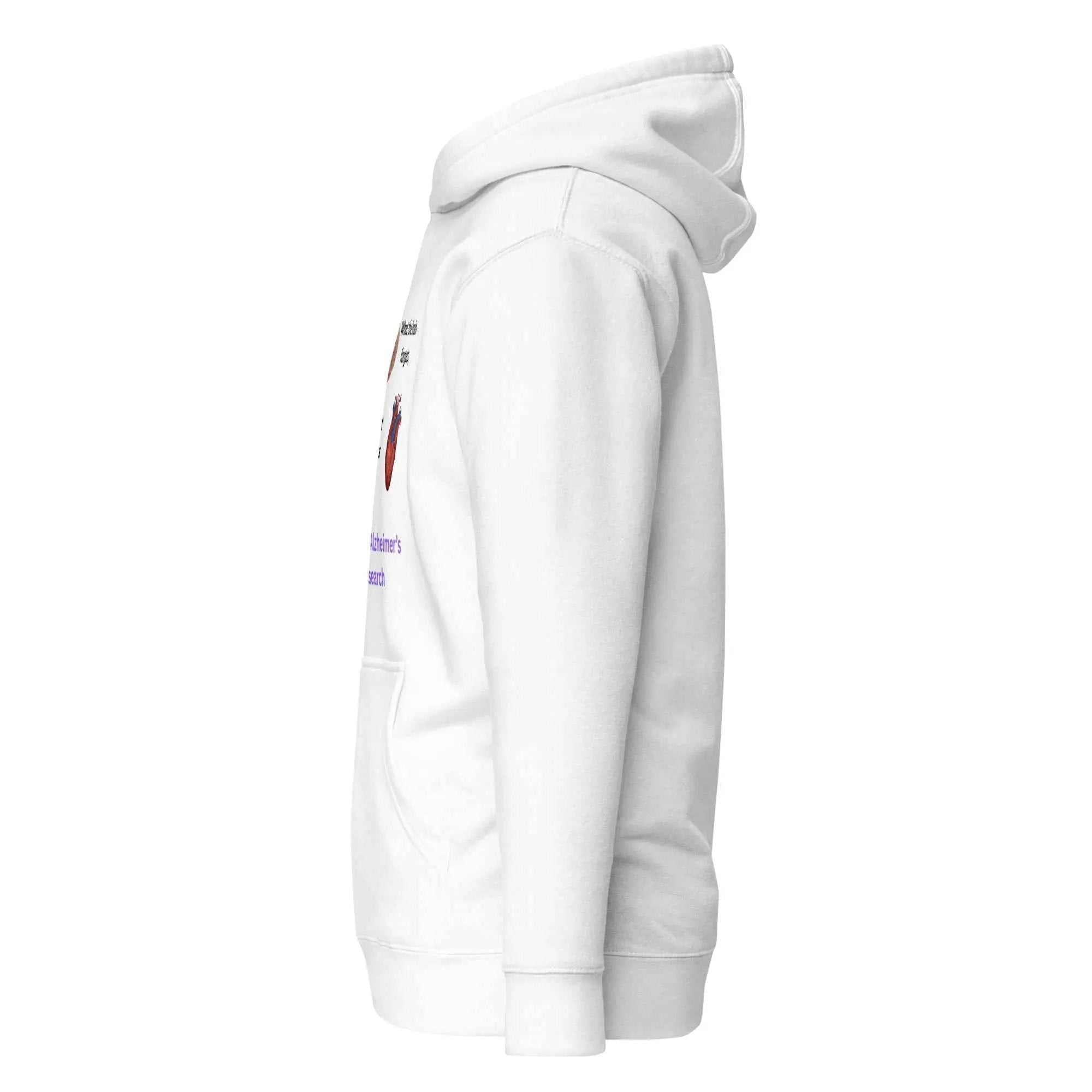Unisex white cotton hoodie with Heart Remembers design, featuring the phrase "When the Brain Forgets, the Heart Remembers" in stylish print.