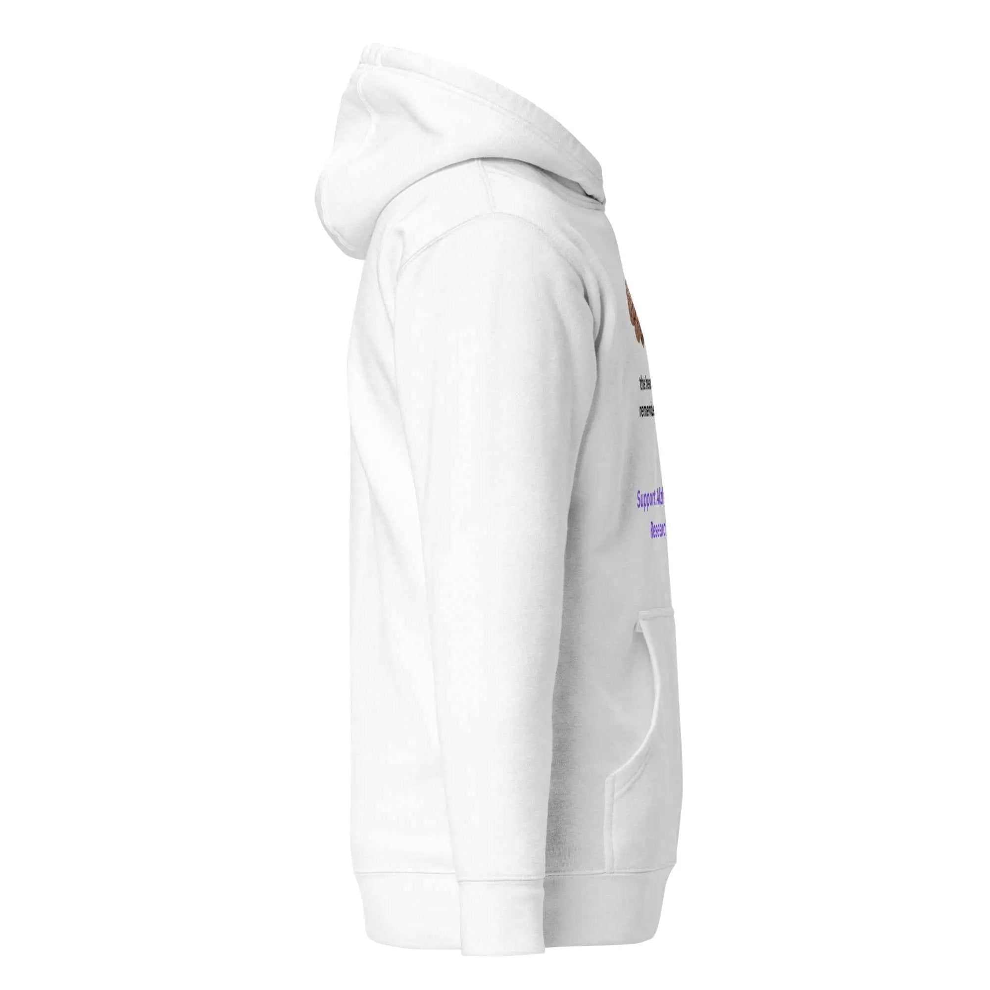 Side view of white When the Brain Forgets the Heart Remembers unisex cotton hoodie