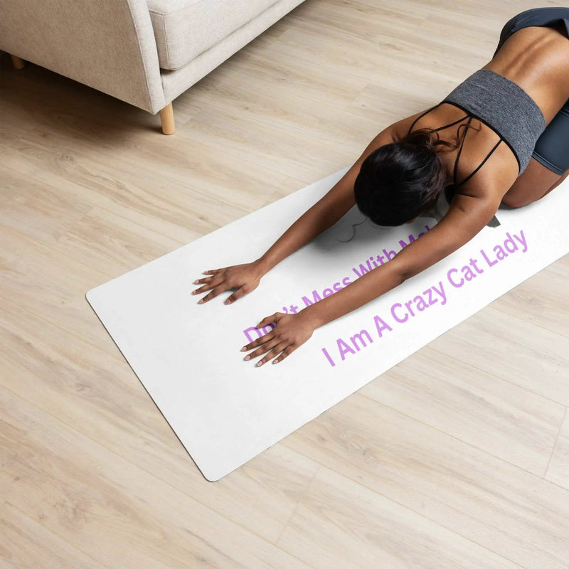 Crazy Cat Lady yoga mat with anti-slip microsuede surface, perfect for comfortable yoga practice and sublimation printing.
