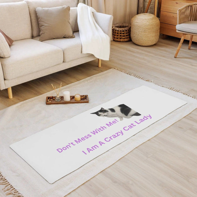 Crazy Cat Lady yoga mat with anti-slip microsuede surface for comfort, featuring colorful cat-themed sublimation design.