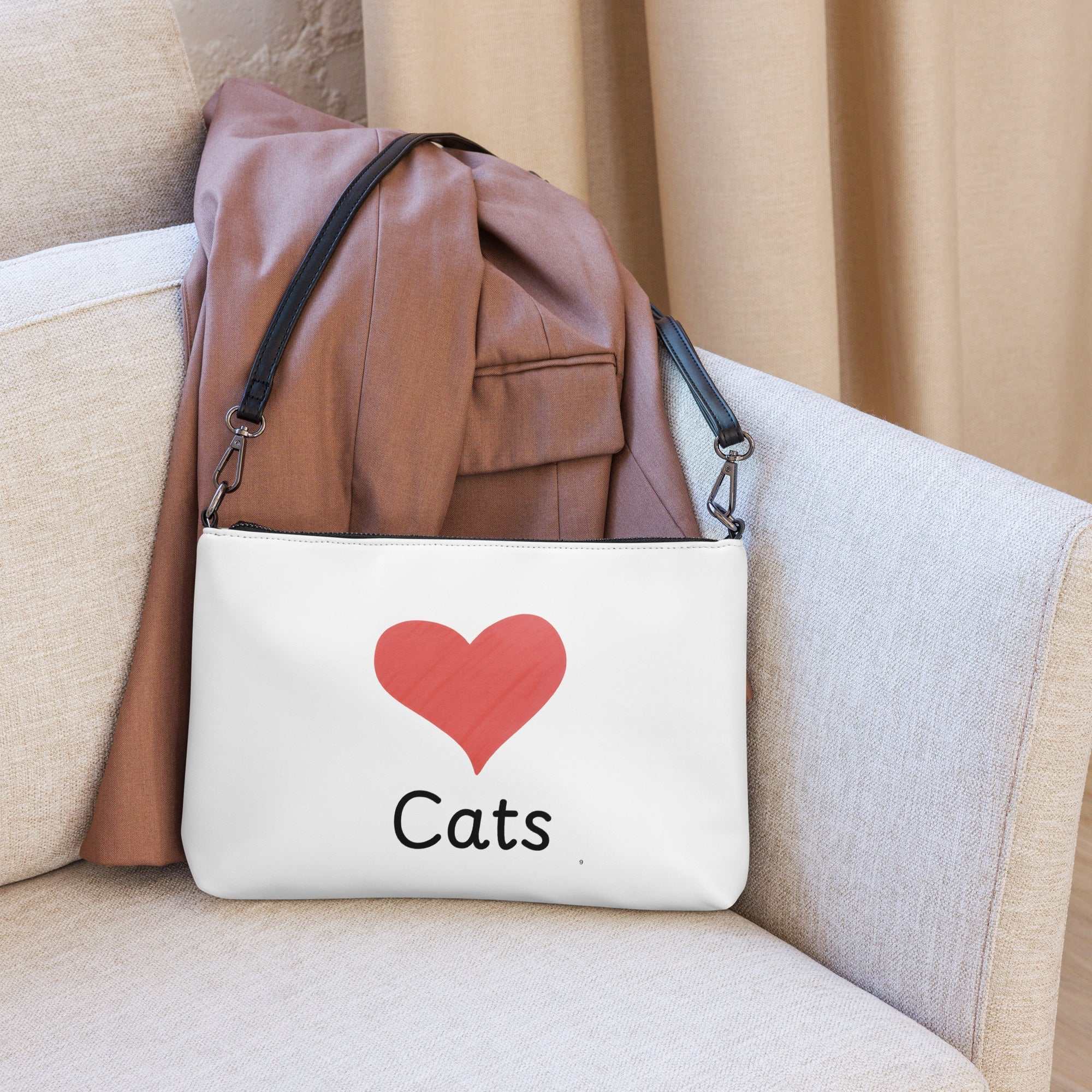 Decorative crossbody bag featuring a love cats design, stylish and functional cat-themed accessory by Greg's AZ Store.