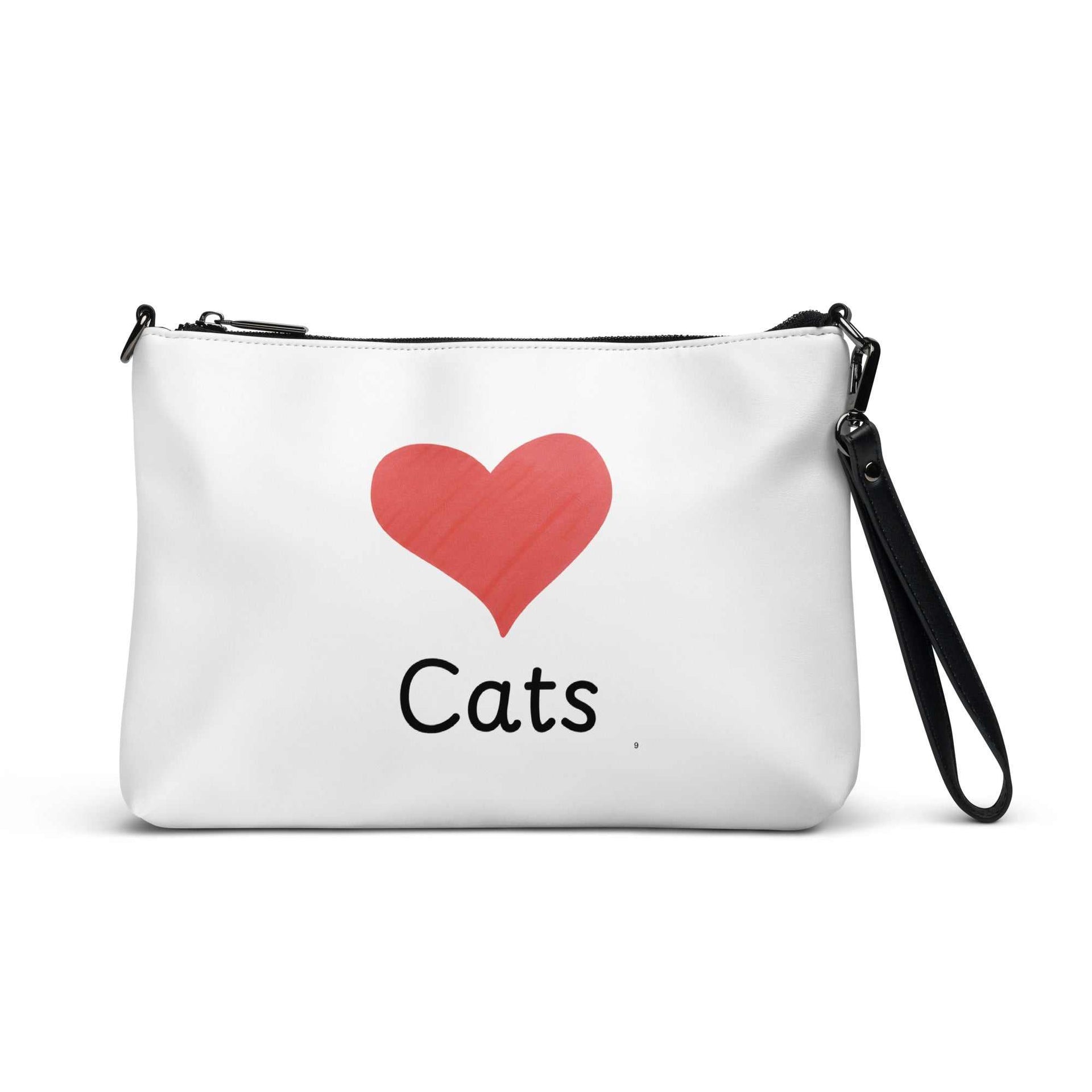 Crossbody Bag Love Cats faux leather with dark gray hardware and adjustable straps.