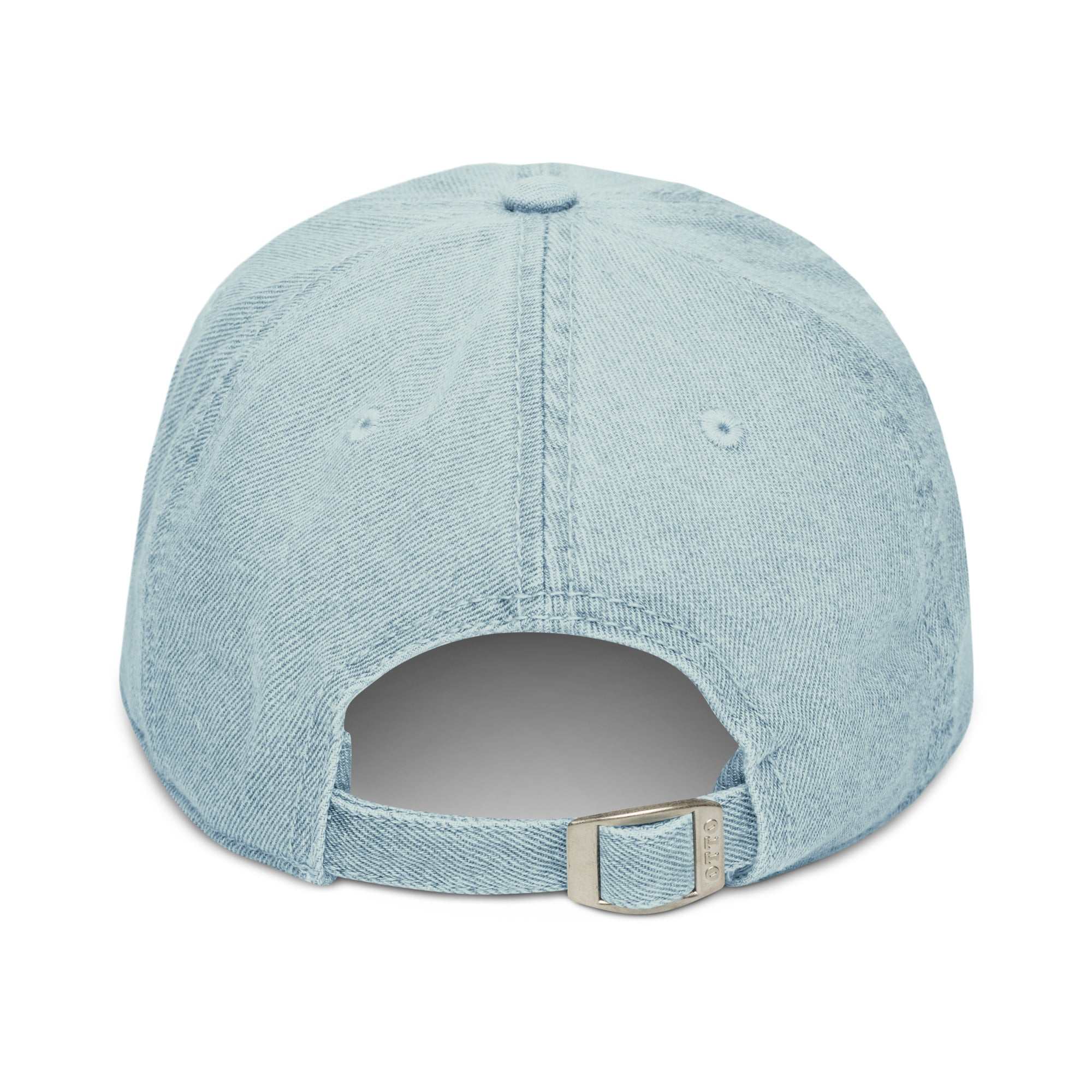 Back view of light blue denim hat with adjustable metal strap