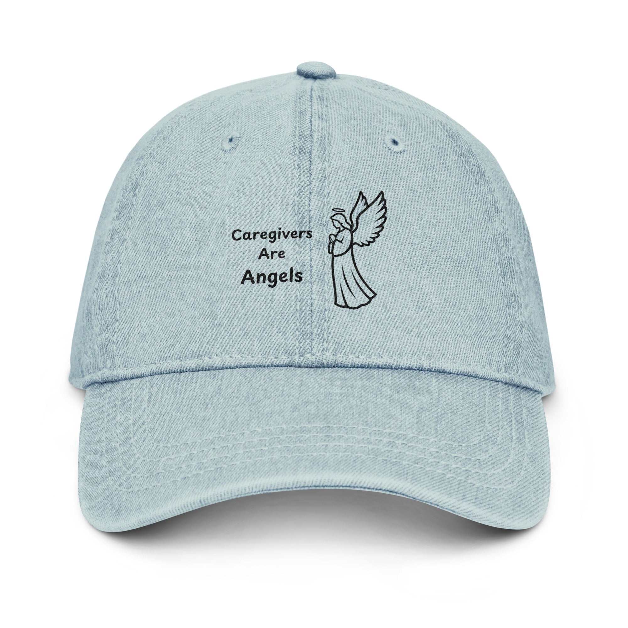 Light blue denim hat with Caregivers Are Angels text and angel graphic