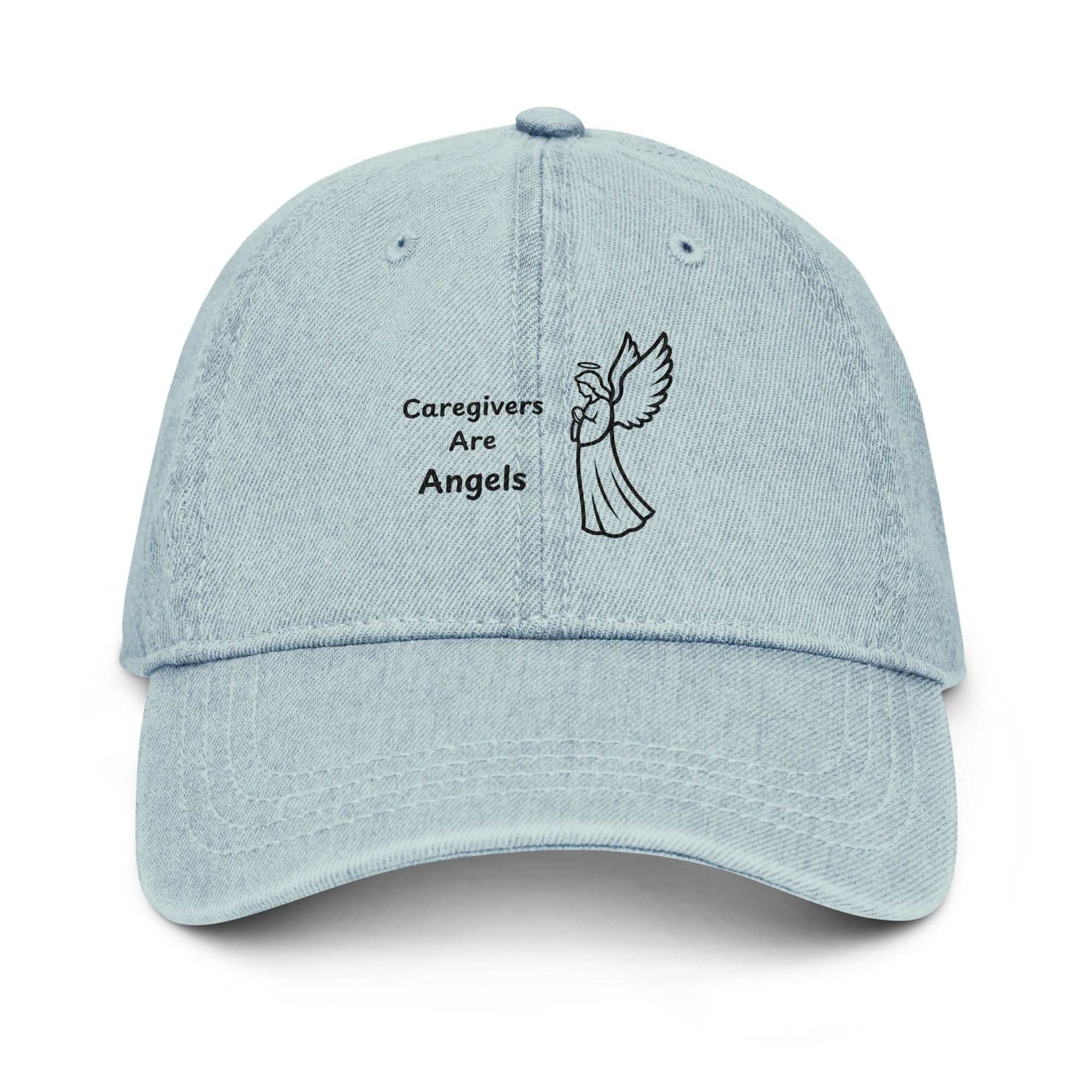 Light blue denim hat with "Caregivers Are Angels" embroidery, adjustable strap, 100% cotton, perfect caregiver gift