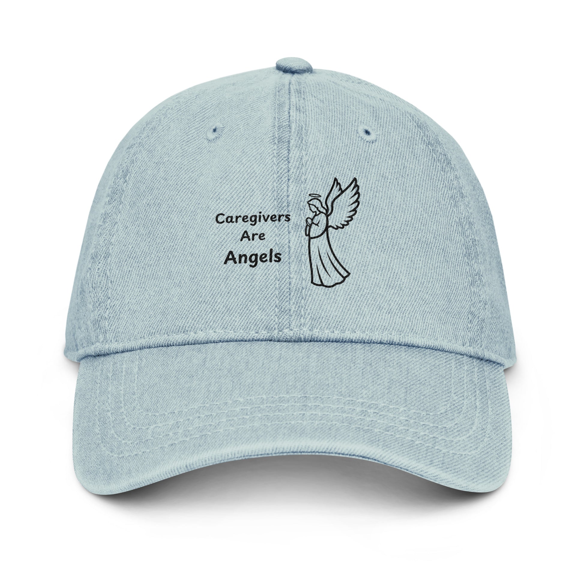 Light blue denim hat with 'Caregivers Are Angels' text and angel illustration, supporting Alzheimer's awareness.
