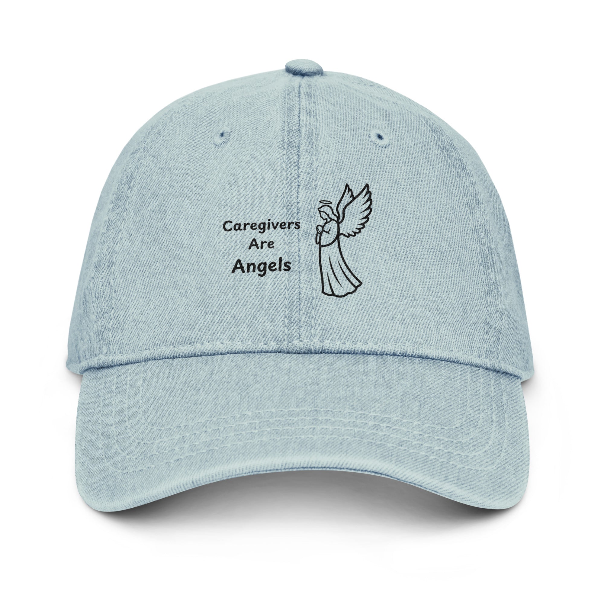 Light blue denim hat with 'Caregivers Are Angels' text and angel illustration, supporting Alzheimer's awareness.