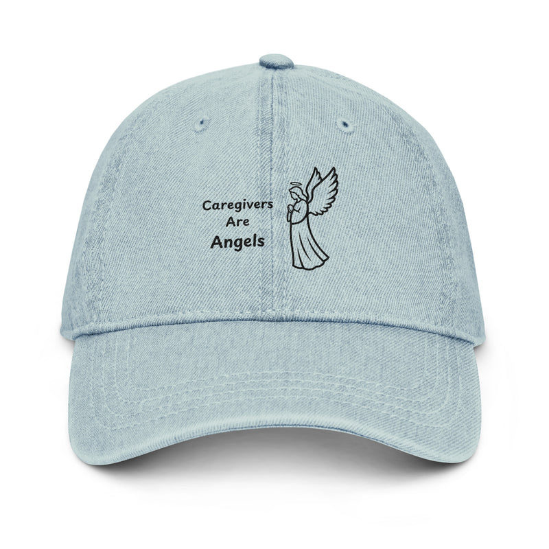 Light blue denim hat with 'Caregivers Are Angels' text and angel illustration, supporting Alzheimer's awareness.