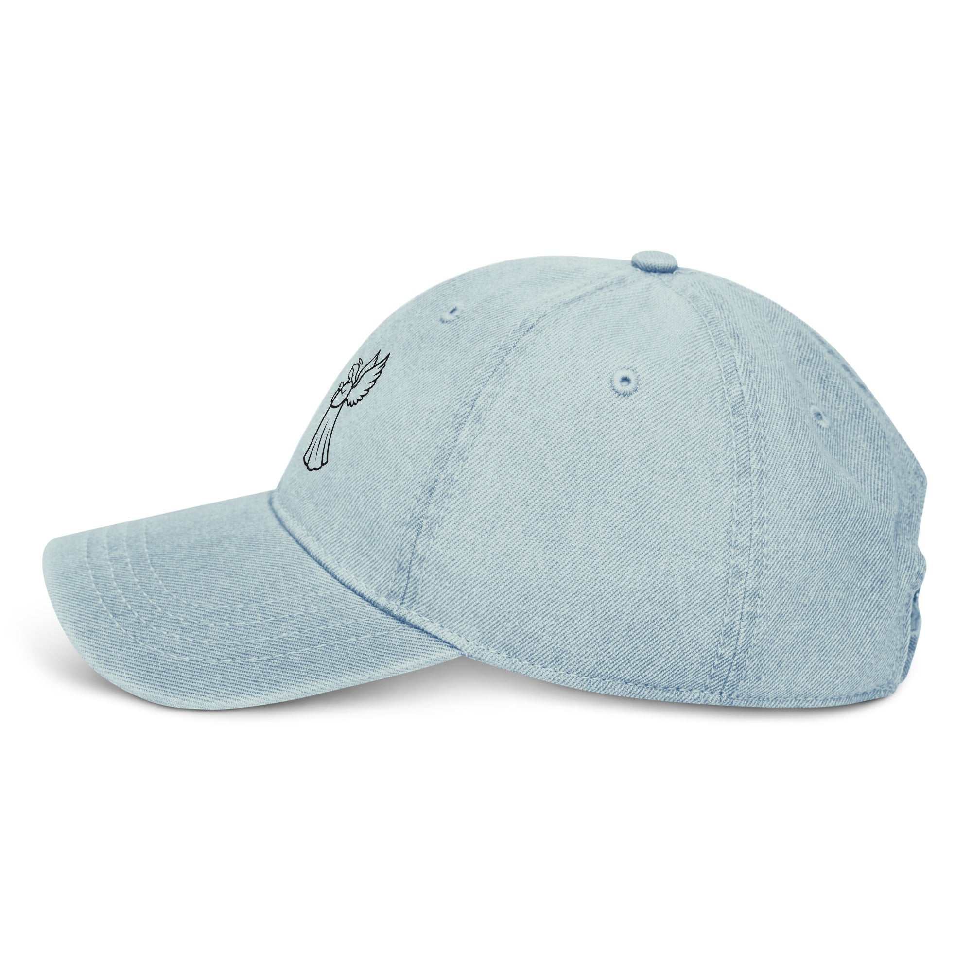 Light blue denim hat with a black line art angel graphic on the side