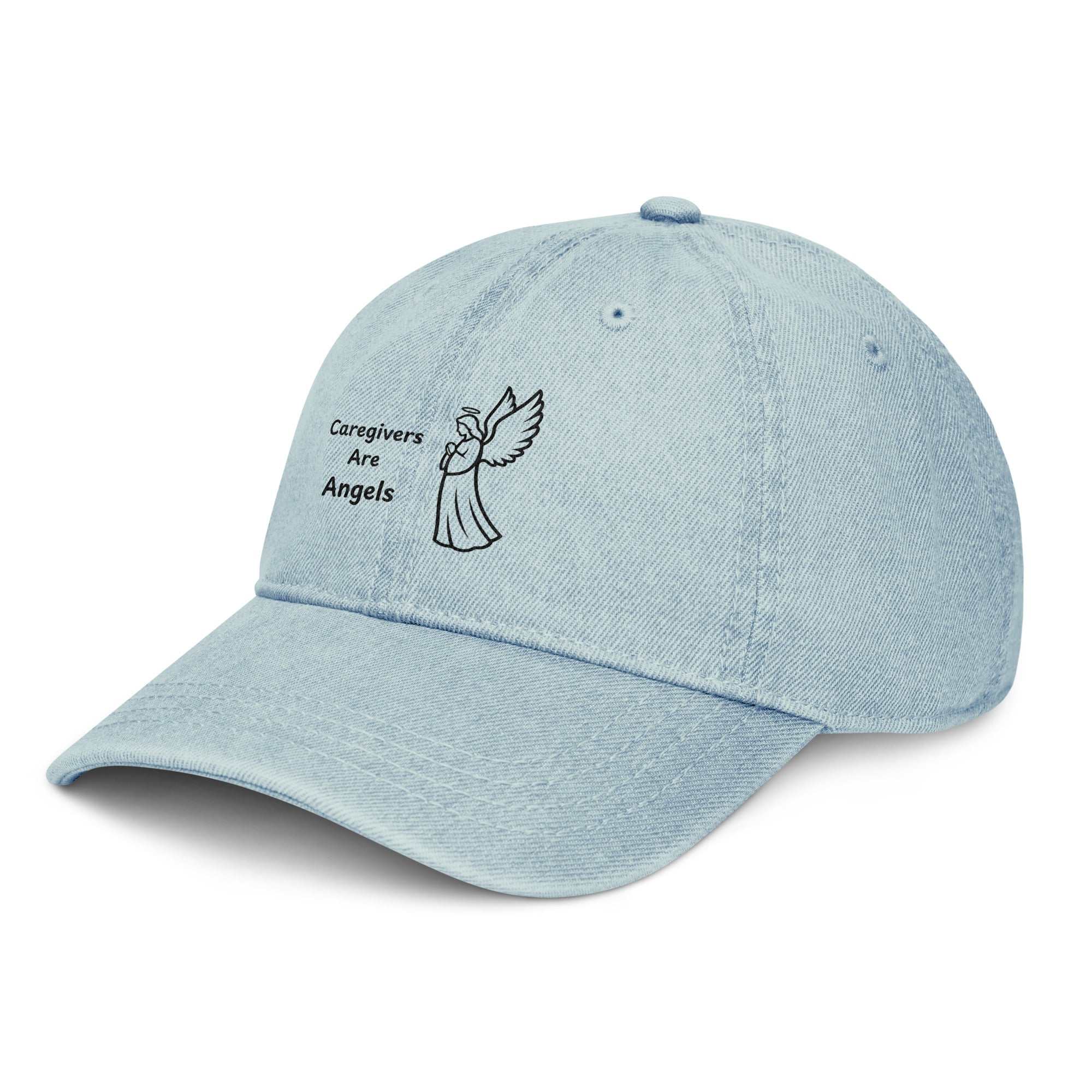 Light blue denim hat with Caregivers Are Angels text and angel graphic
