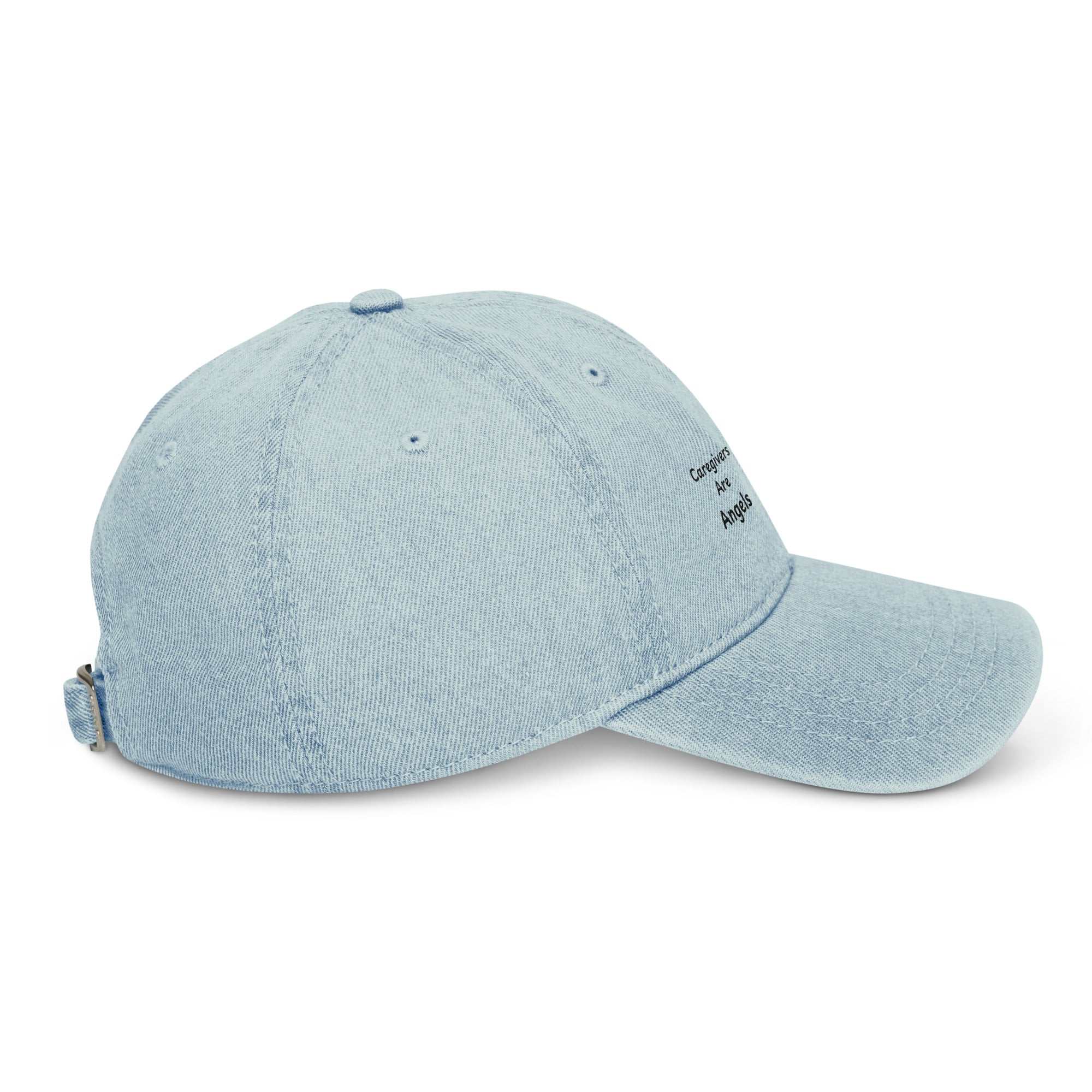 Light blue denim baseball hat with Caregivers Are Angels text embroidered on the front