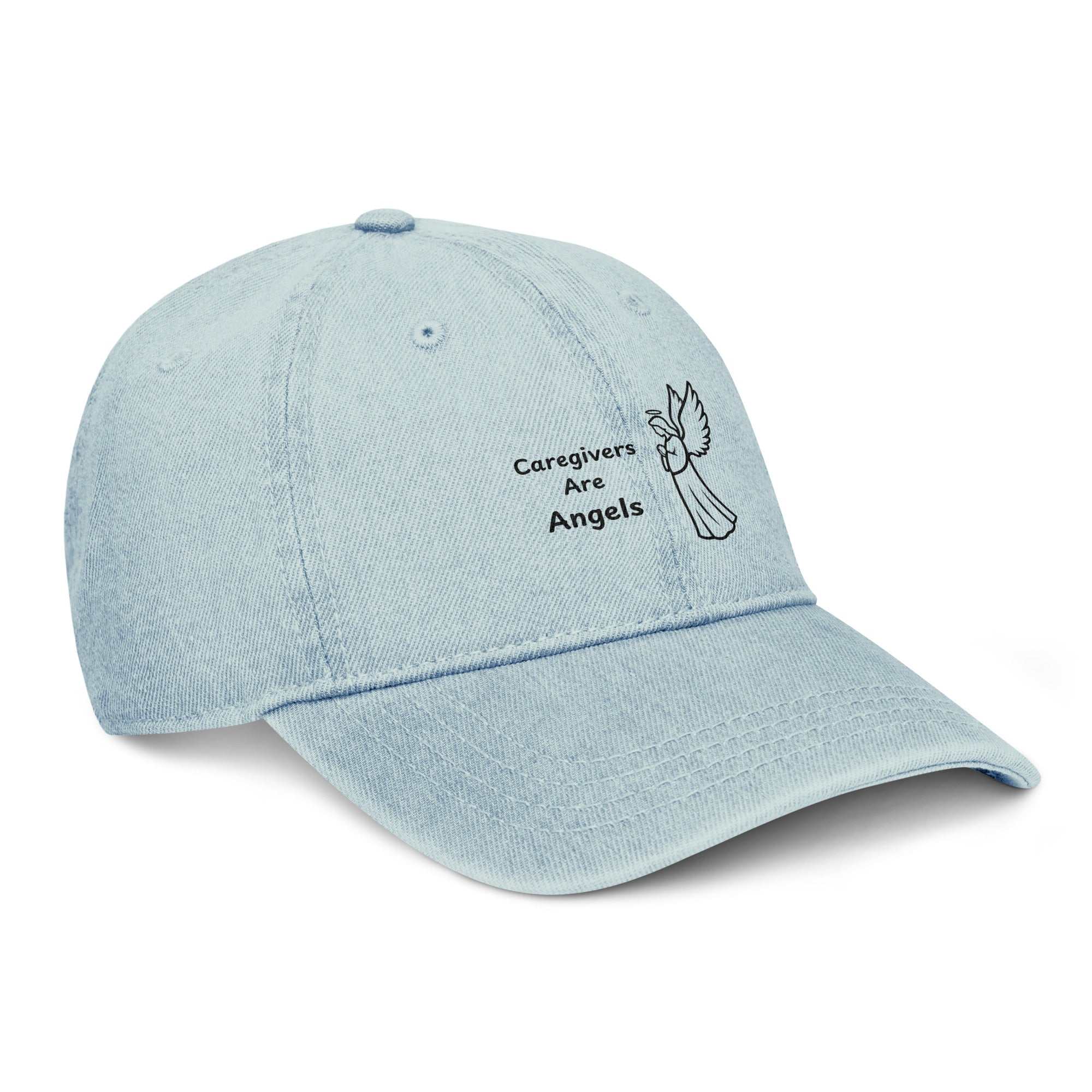 Light blue denim hat with Caregivers Are Angels text and an angel graphic