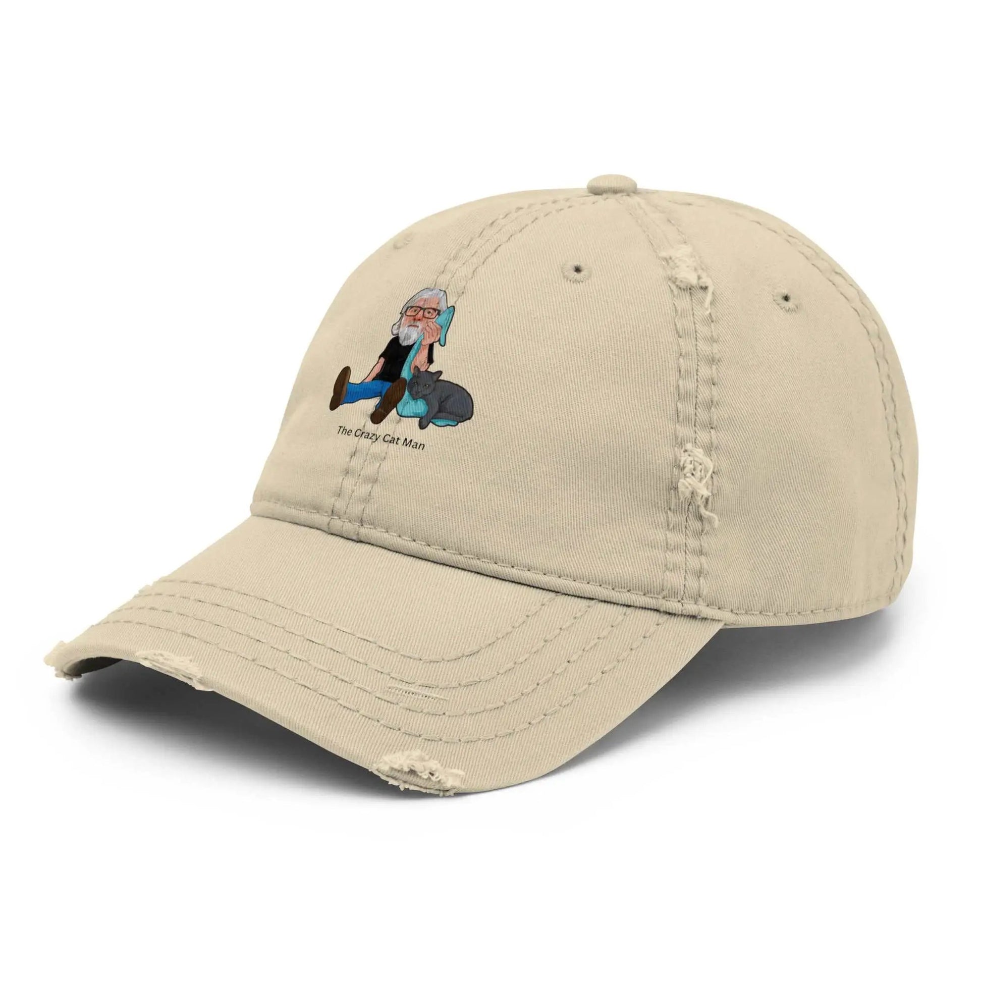 Distressed dad hat with embroidered Crazy Cat Man logo from The Cat Man Signature collection by Greg's AZ Store.