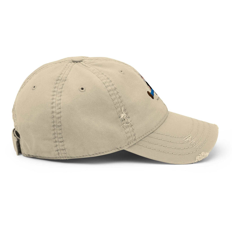 Distressed dad hat with embroidered Crazy Cat Man logo, featuring The Cat Man Signature design by Greg's AZ Store.