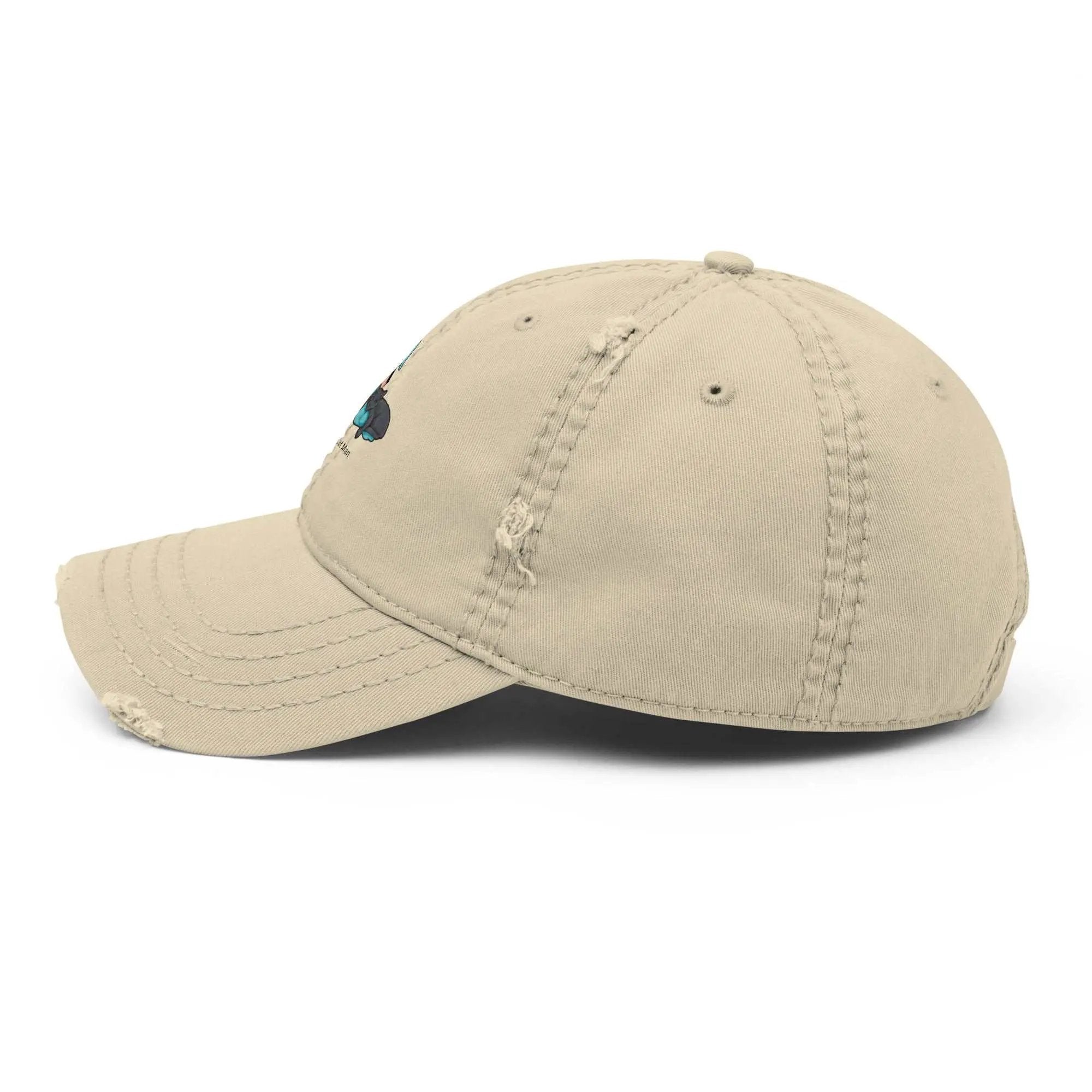 Distressed dad hat with embroidered Crazy Cat Man logo, featuring The Cat Man Signature design in a casual, vintage style.