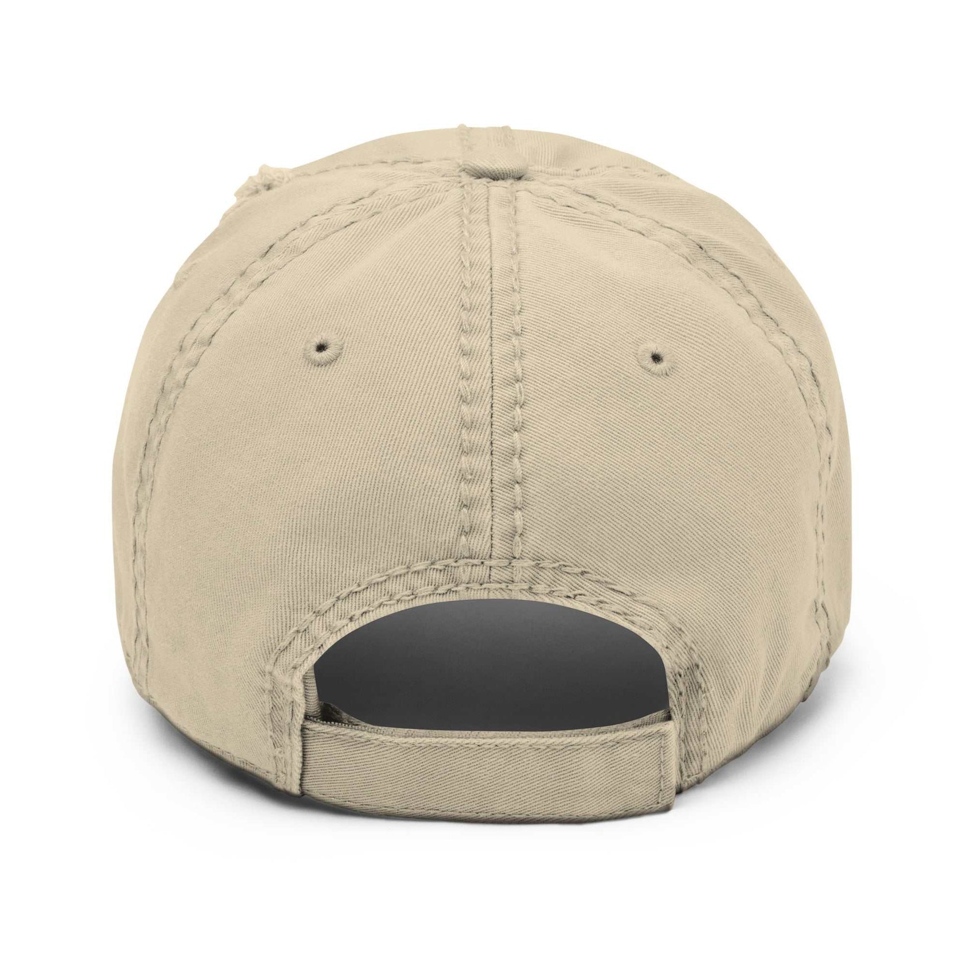 Distressed dad hat with embroidery of the Crazy Cat Man logo, featuring The Cat Man Signature design in bold thread.