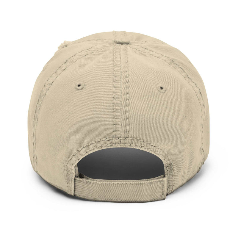 Distressed dad hat with embroidery of the Crazy Cat Man logo, featuring The Cat Man Signature design in bold thread.