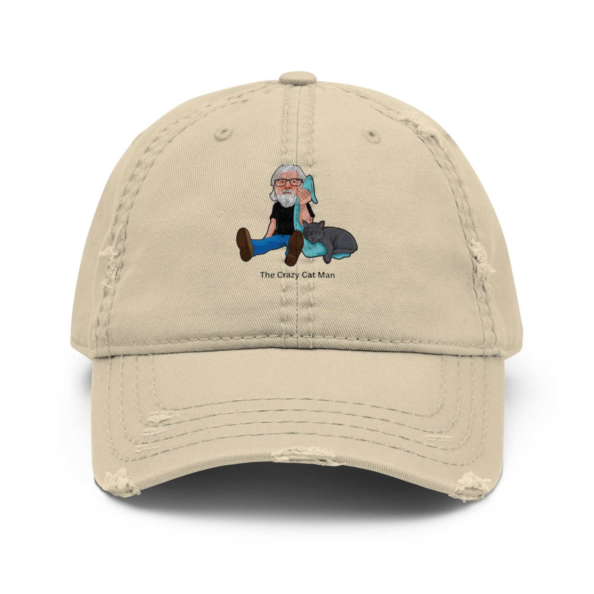 Distressed dad hat with embroidered Crazy Cat Man logo, featuring a casual design and classic baseball cap style.