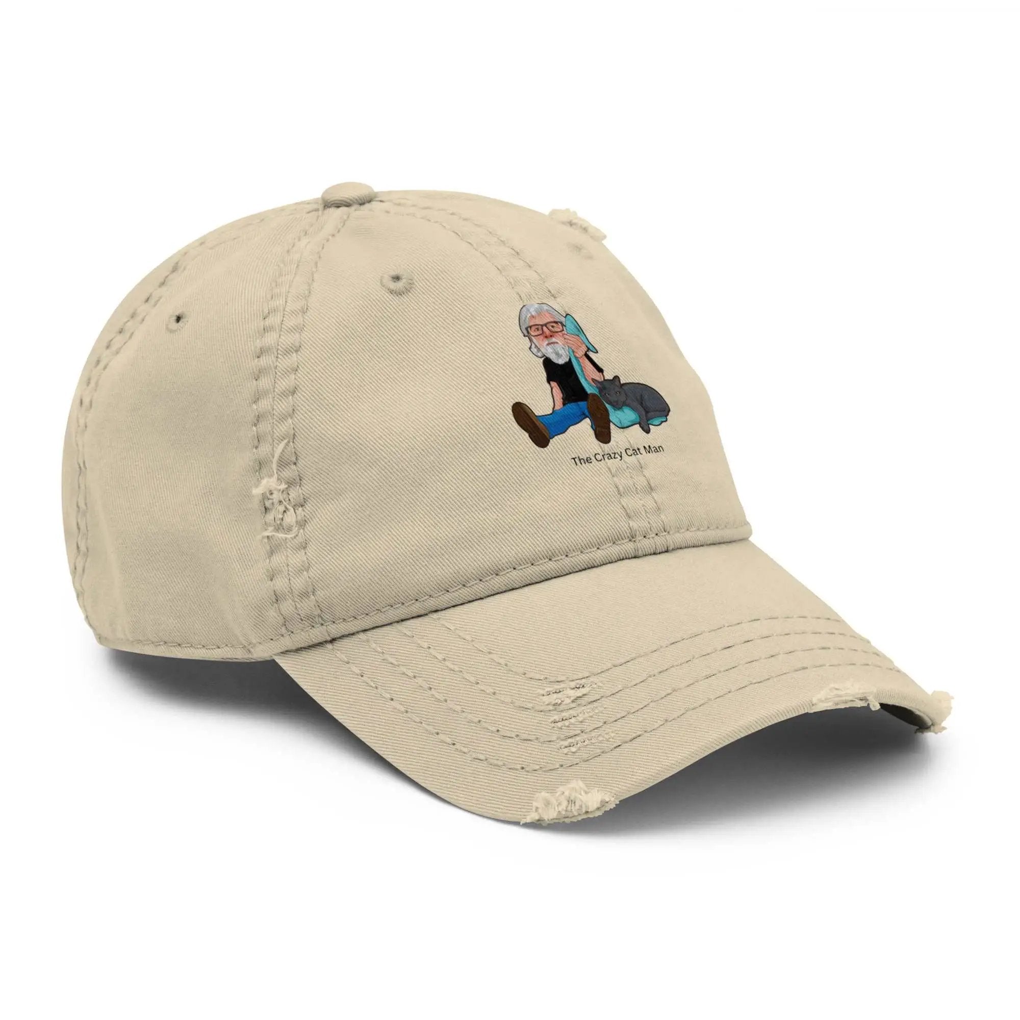 Distressed dad hat with embroidered Crazy Cat Man logo, featuring The Cat Man Signature design in a casual, stylish style.