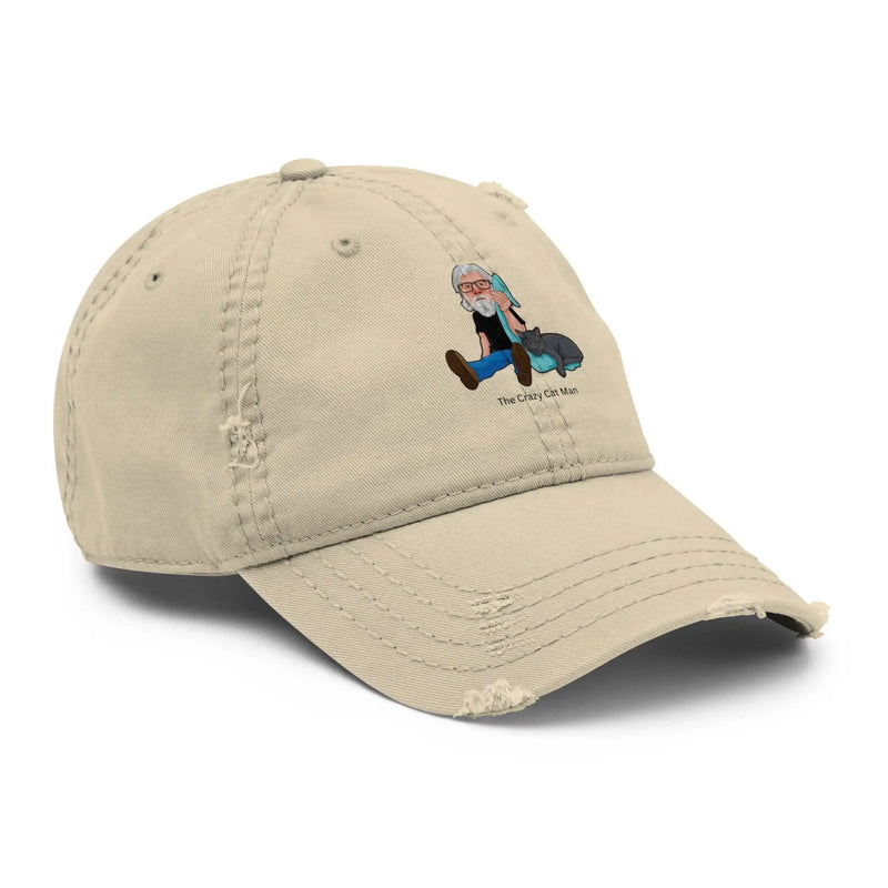 Distressed dad hat with embroidered Crazy Cat Man logo, featuring The Cat Man Signature design in a casual, stylish style.