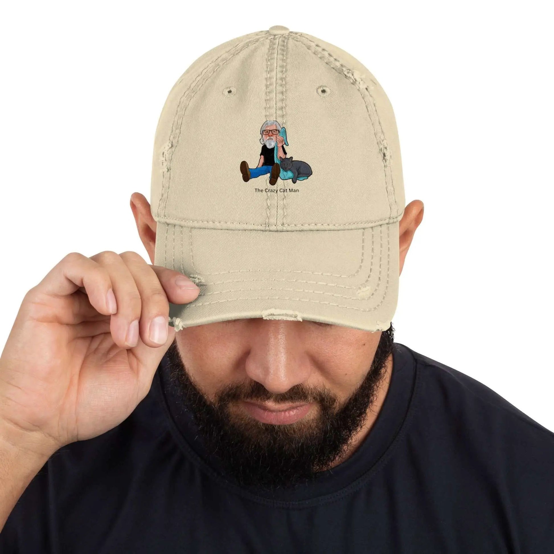 Distressed dad hat with embroidered Crazy Cat Man logo, signature design by The Cat Man, casual and stylish accessory.