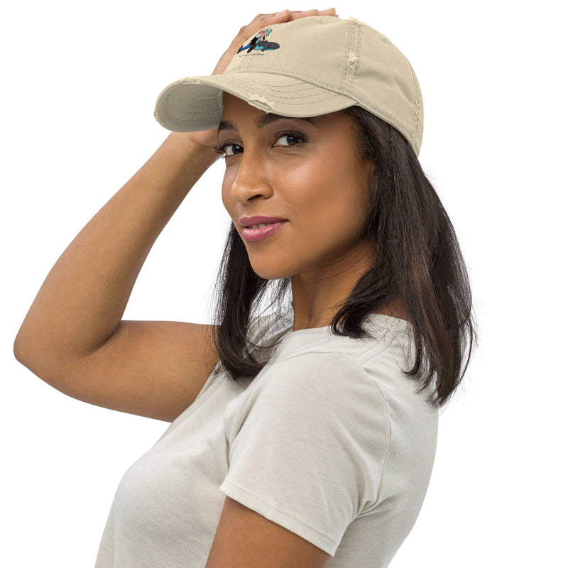 Distressed gray dad hat with embroidered Crazy Cat Man logo, The Cat Man Signature Dad Hat by Greg's AZ Store.